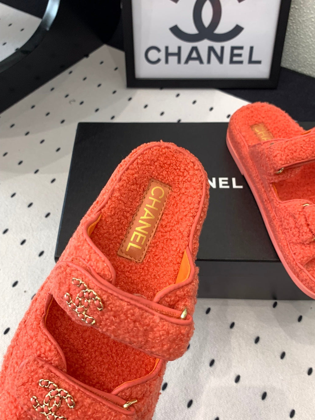 CHANEL DAD SANDAL MULE IN RED ORANGE LAMB FUR