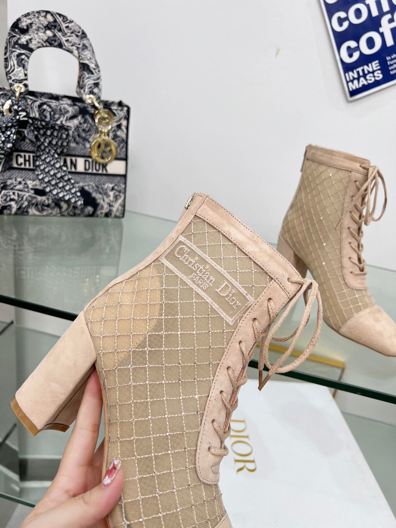 DIOR NAUGHTILY-D HEELED ANKLE BOOT IN BISQUE BEIGE EMBROIDERED MESH AND SUEDE 8 CM