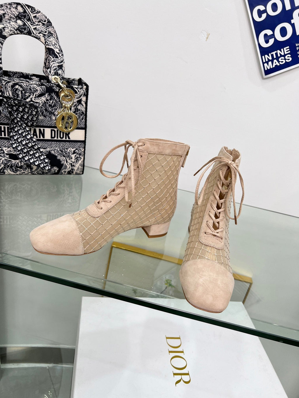 DIOR NAUGHTILY-D HEELED ANKLE BOOT IN BISQUE BEIGE EMBROIDERED MESH AND SUEDE 35 MM