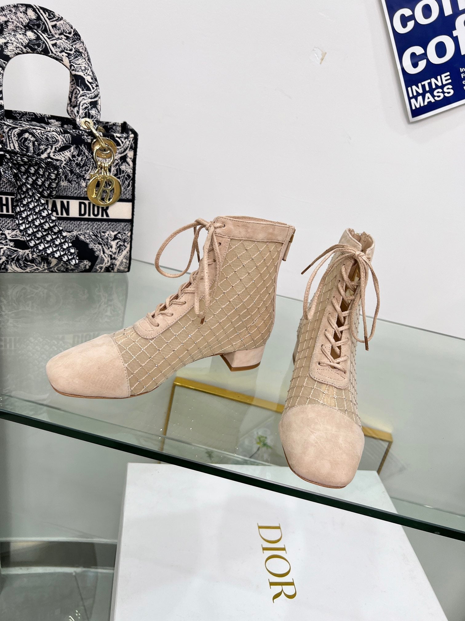 DIOR NAUGHTILY-D HEELED ANKLE BOOT IN BISQUE BEIGE EMBROIDERED MESH AND SUEDE 35 MM