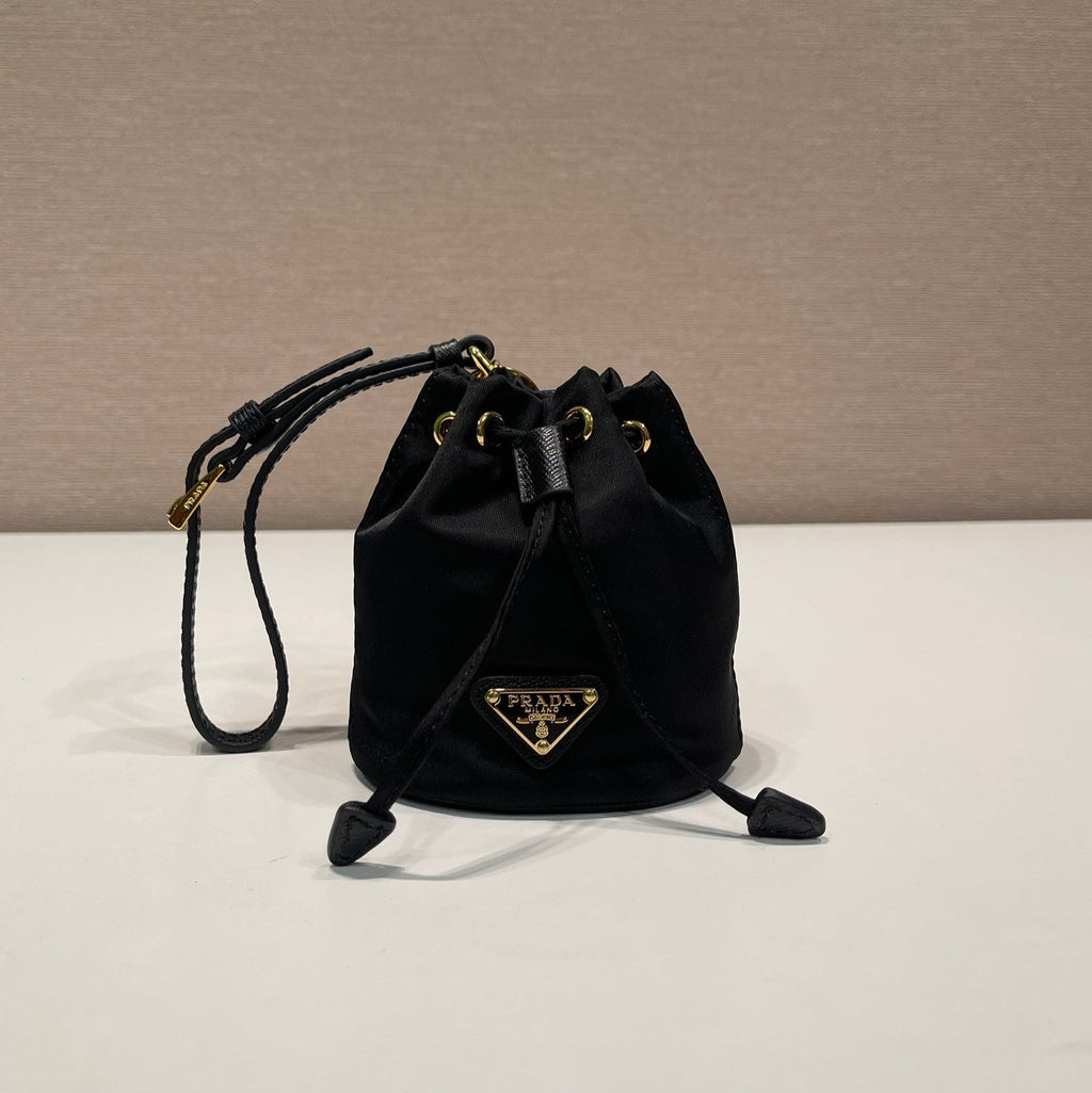 PRADA MINI BUCKET BAG 10 IN BLACK RE-NYLON AND SAFFIANO LEATHER STRAP