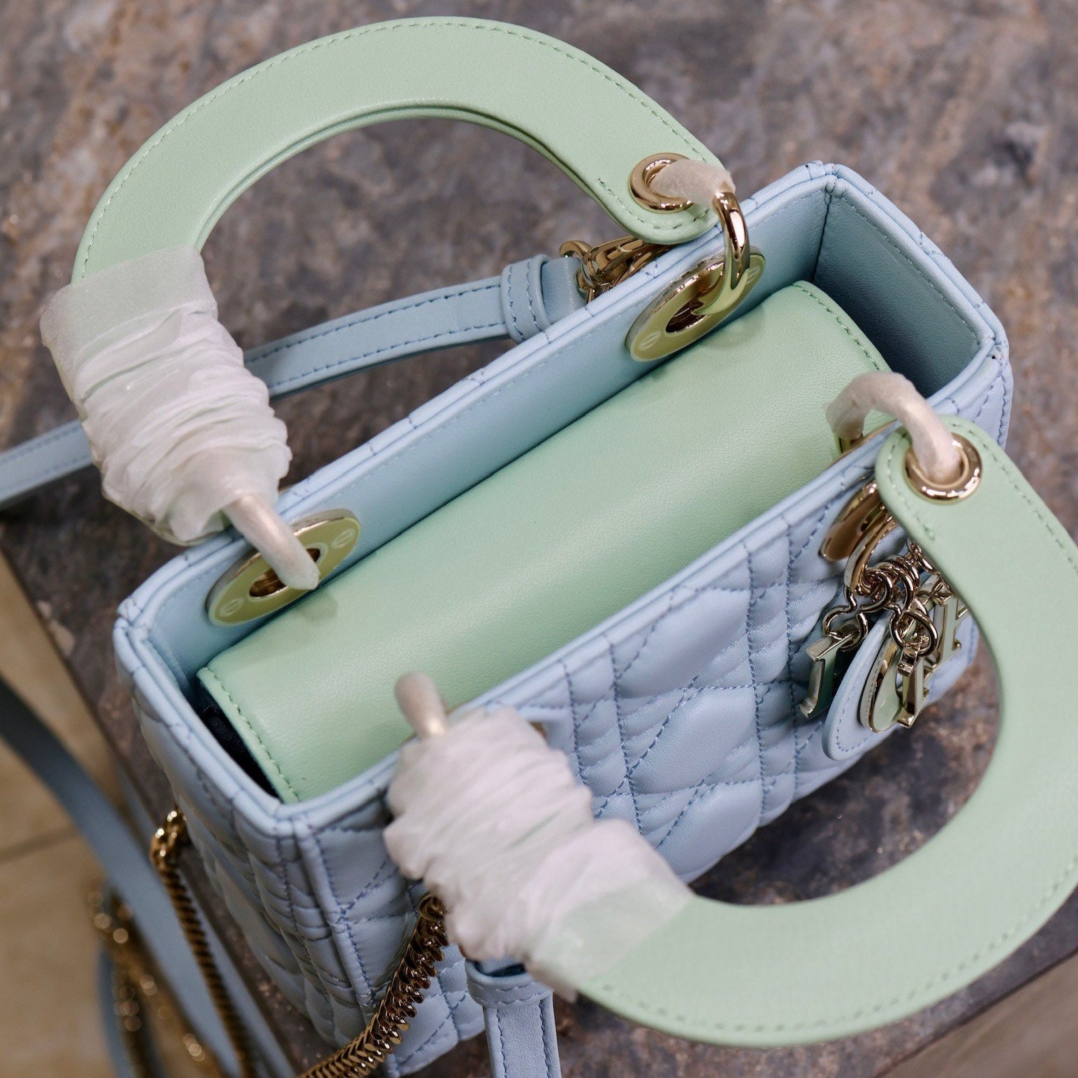 DIOR MINI LADY BAG 17 IN BABY BLUE QUILTED MACROCANNAGE CALFSKIN GREEN STRAP