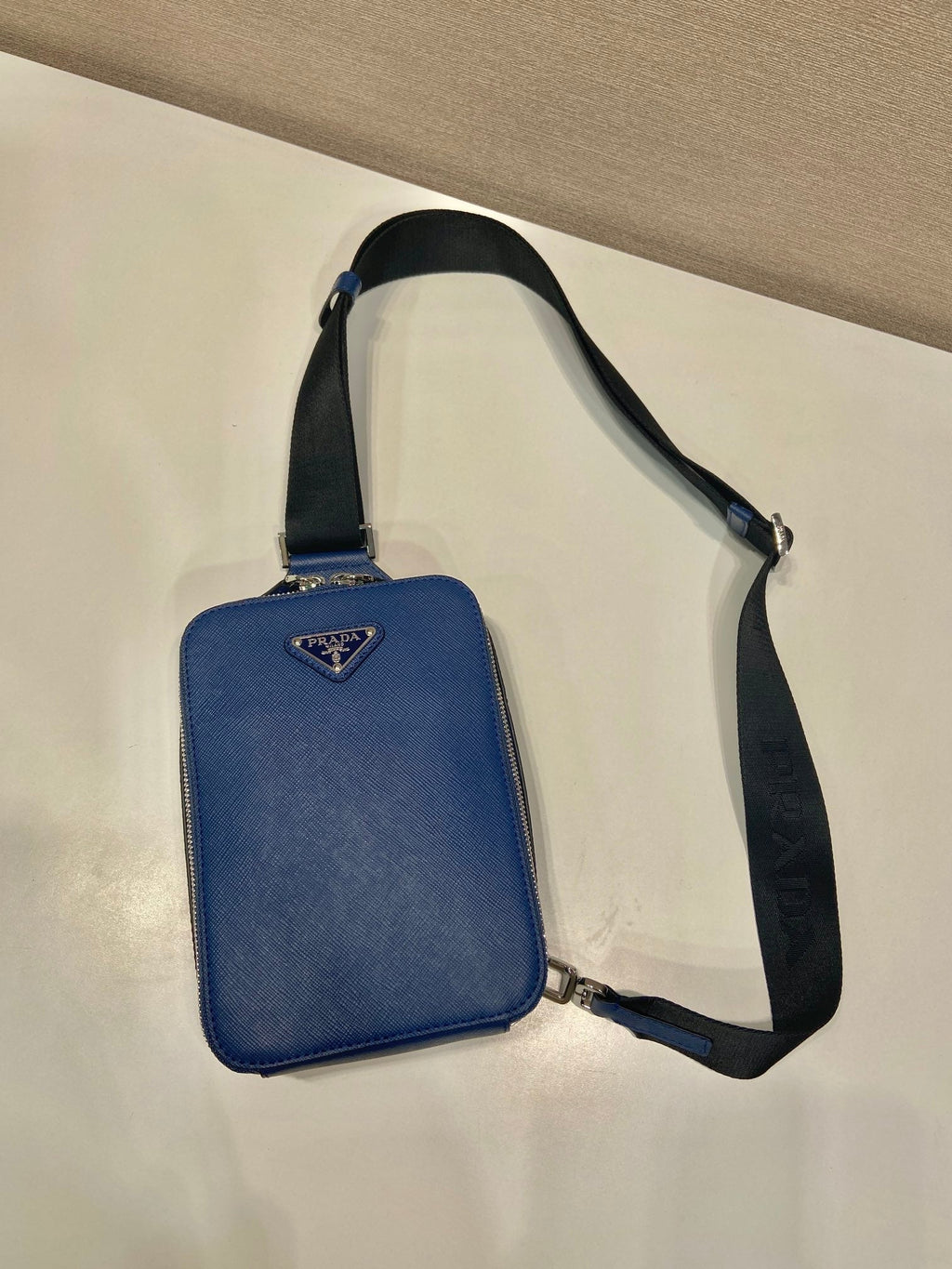 PRADA CHEST BAG 20 IN CLASSIC BLUE SAFFIANO LEATHER