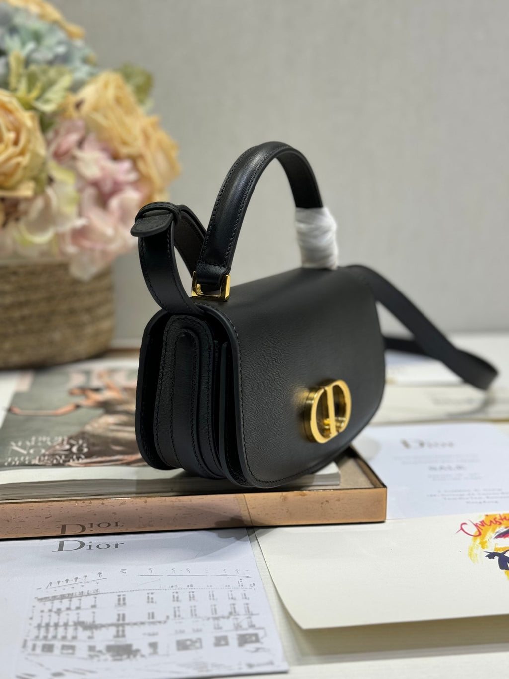 DIOR SMALL 19 MONTAIGNE AVENUE TOP HANDLE BAG BLACK SMOOTH CALFSKIN 221147