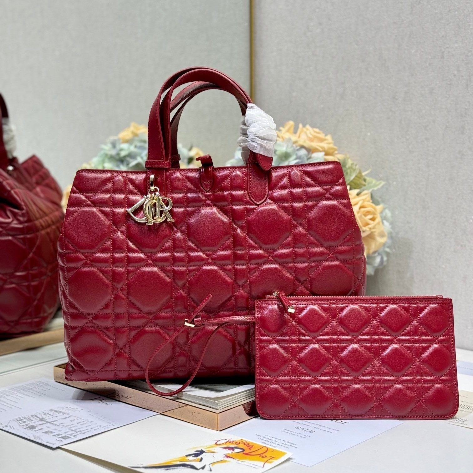 DIOR MEDIUM 37 TOUJOURS BAG IN RUBY RED MACROCANNAGE LAMBSKIN