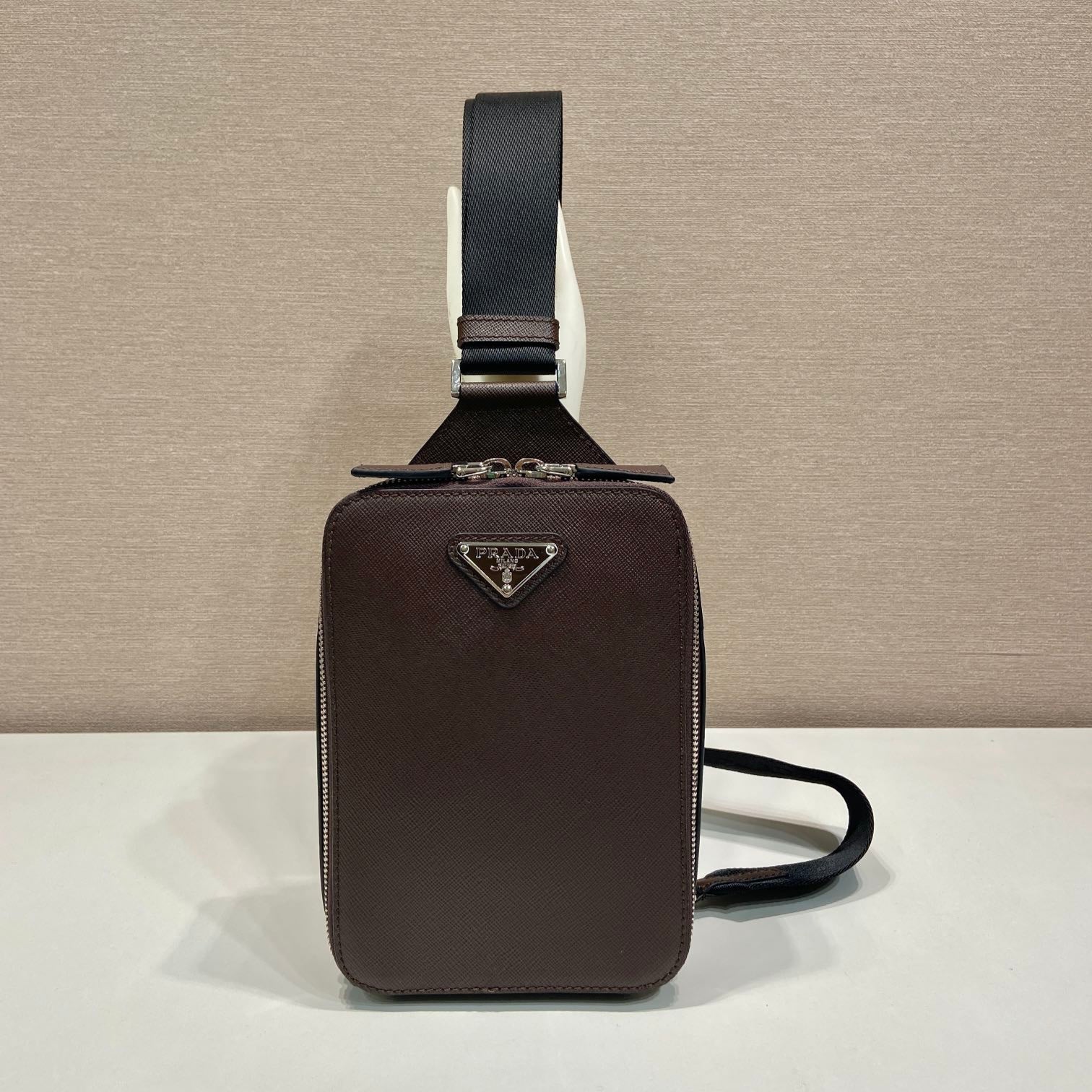 PRADA CHEST BAG 20 IN CHOCOLATE SAFFIANO LEATHER
