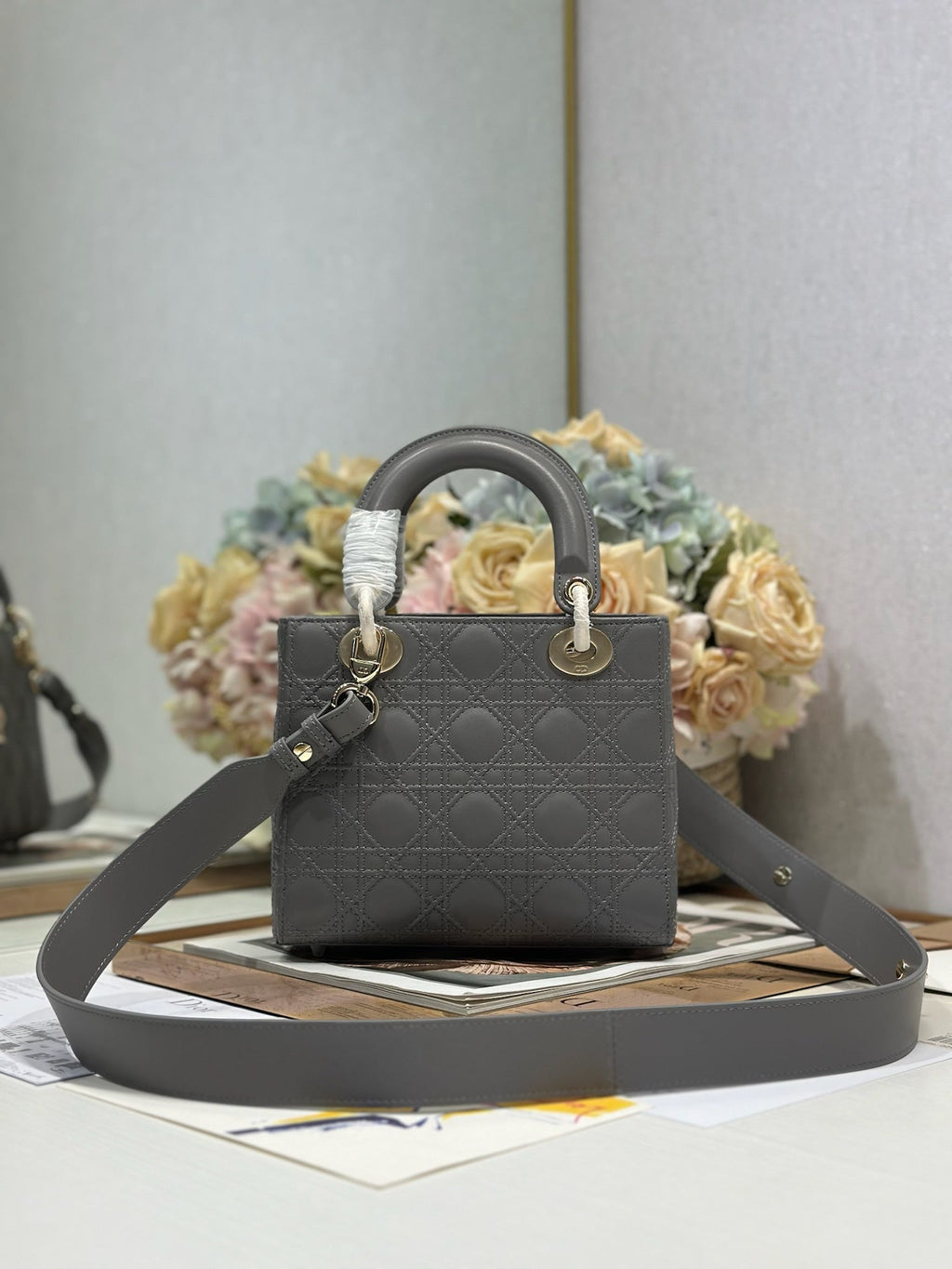 DIOR LADY SMALL BAG 20 IN GREY MACROCANNAGE LAMBSKIN GOLD HARDWARE