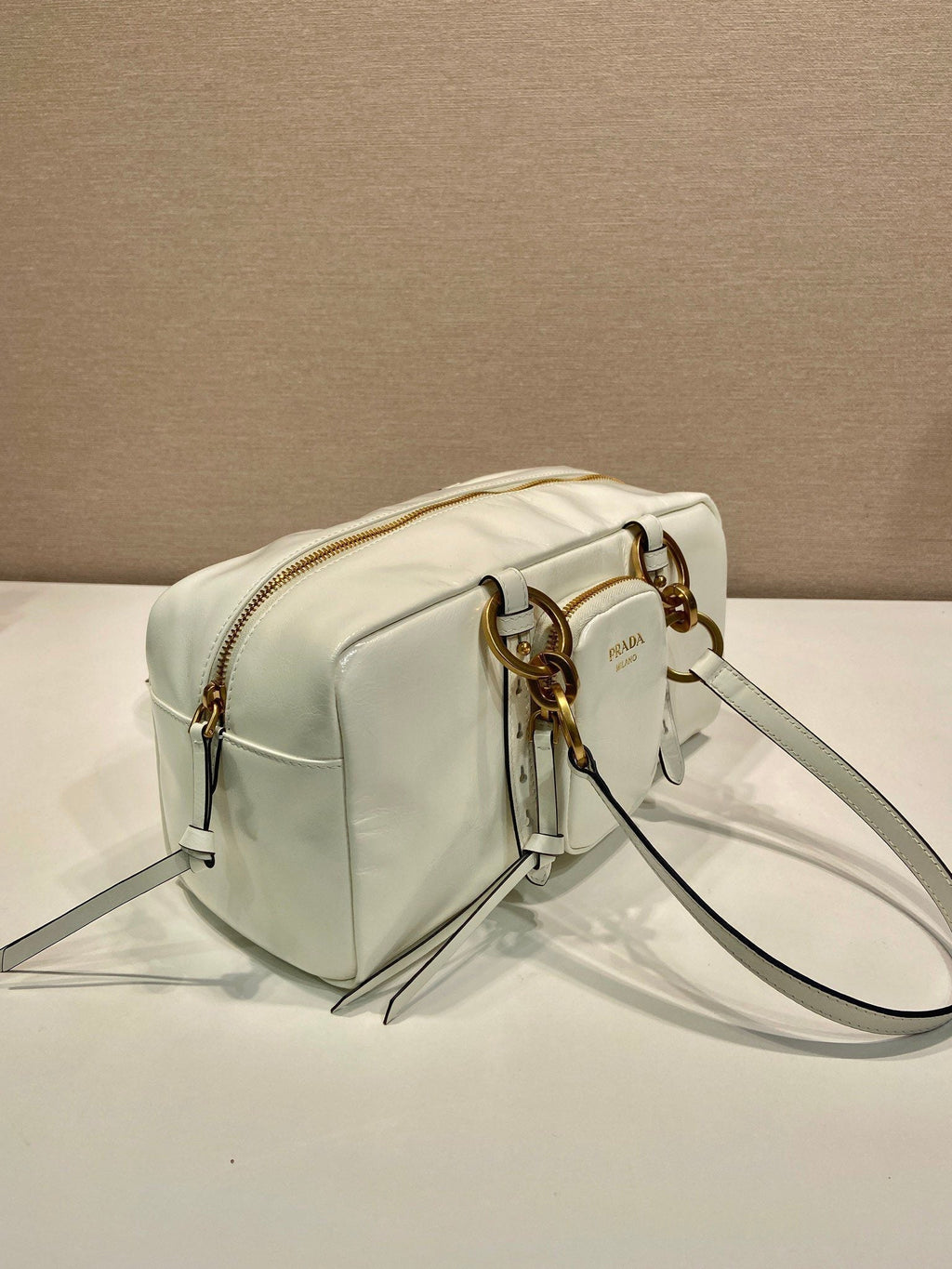 PRADA LARGE RECTANGULAR BAG 30 IN WHITE OIL WAX LAMBSKIN GOLD HARDWARE