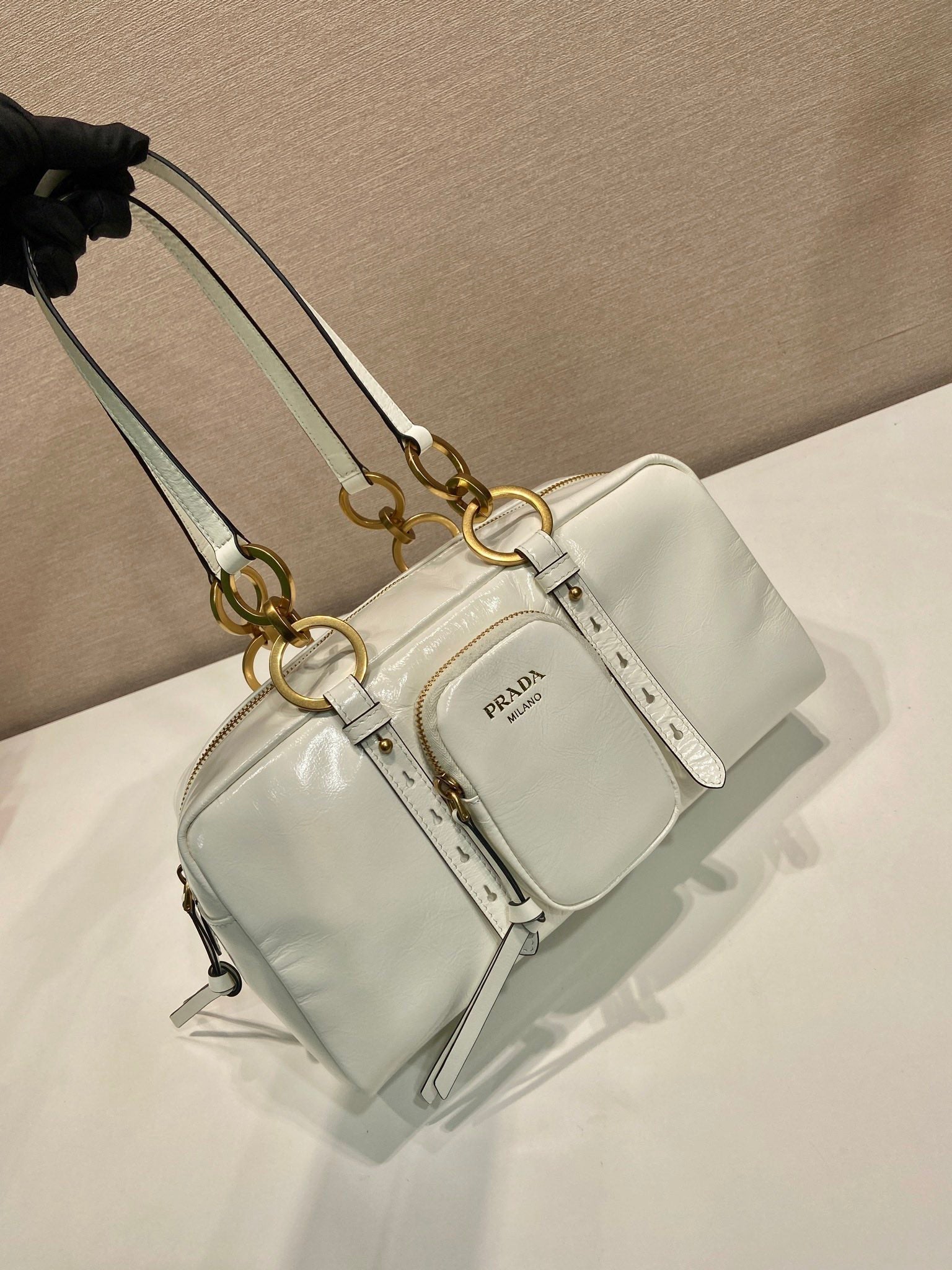 PRADA LARGE RECTANGULAR BAG 30 IN WHITE OIL WAX LAMBSKIN GOLD HARDWARE