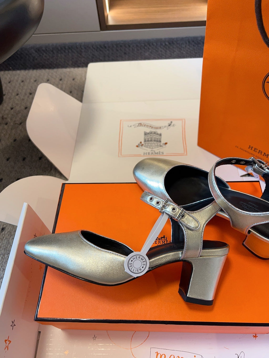 HERMES KLEO HIGH SLINGBACK IN SILVER CALFSKIN