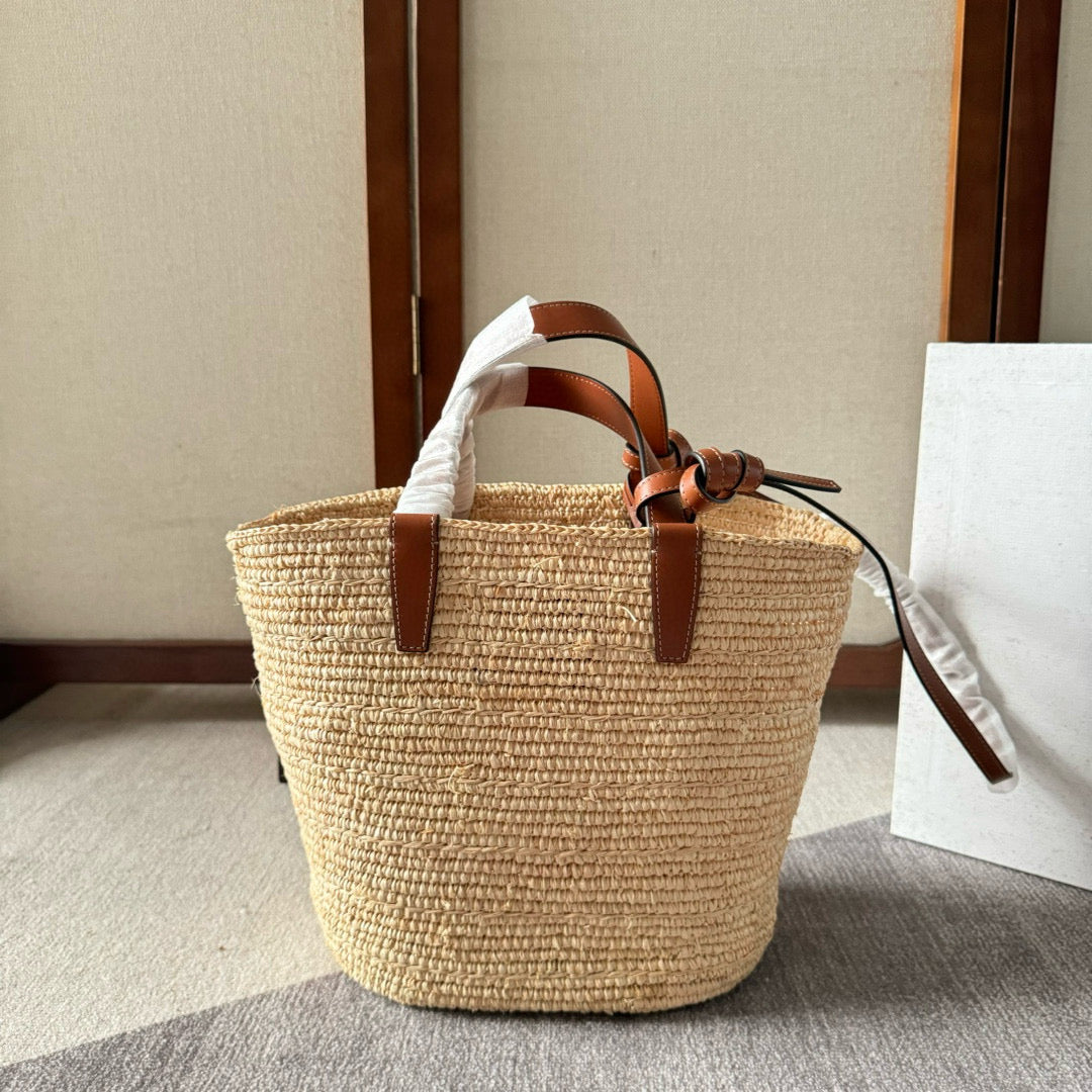 CELINE TEEN SUPPLE  CLASSIC PANIER IN RAFFIA AND CALFSKIN TAN