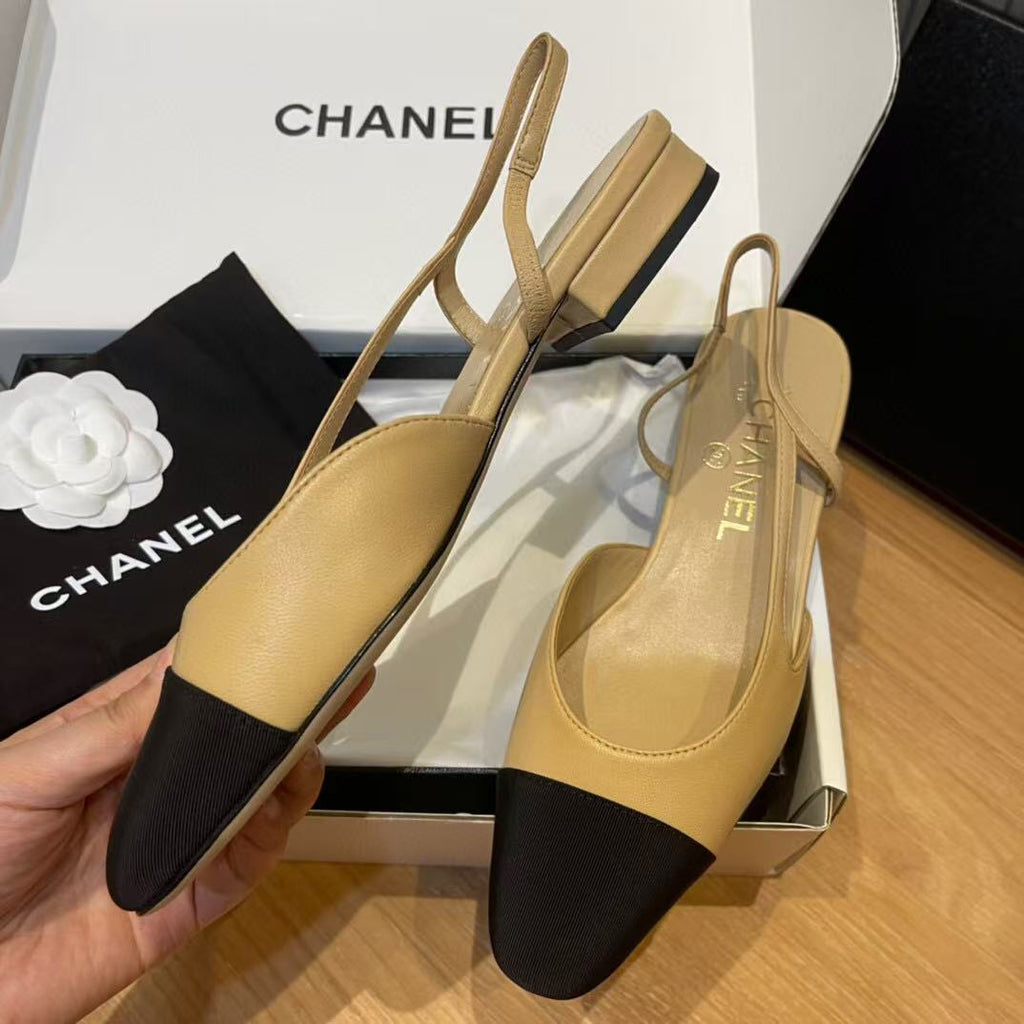 CHANEL SLINGBACKS IN BEIGE LAMBSKIN AND BLACK SATIN