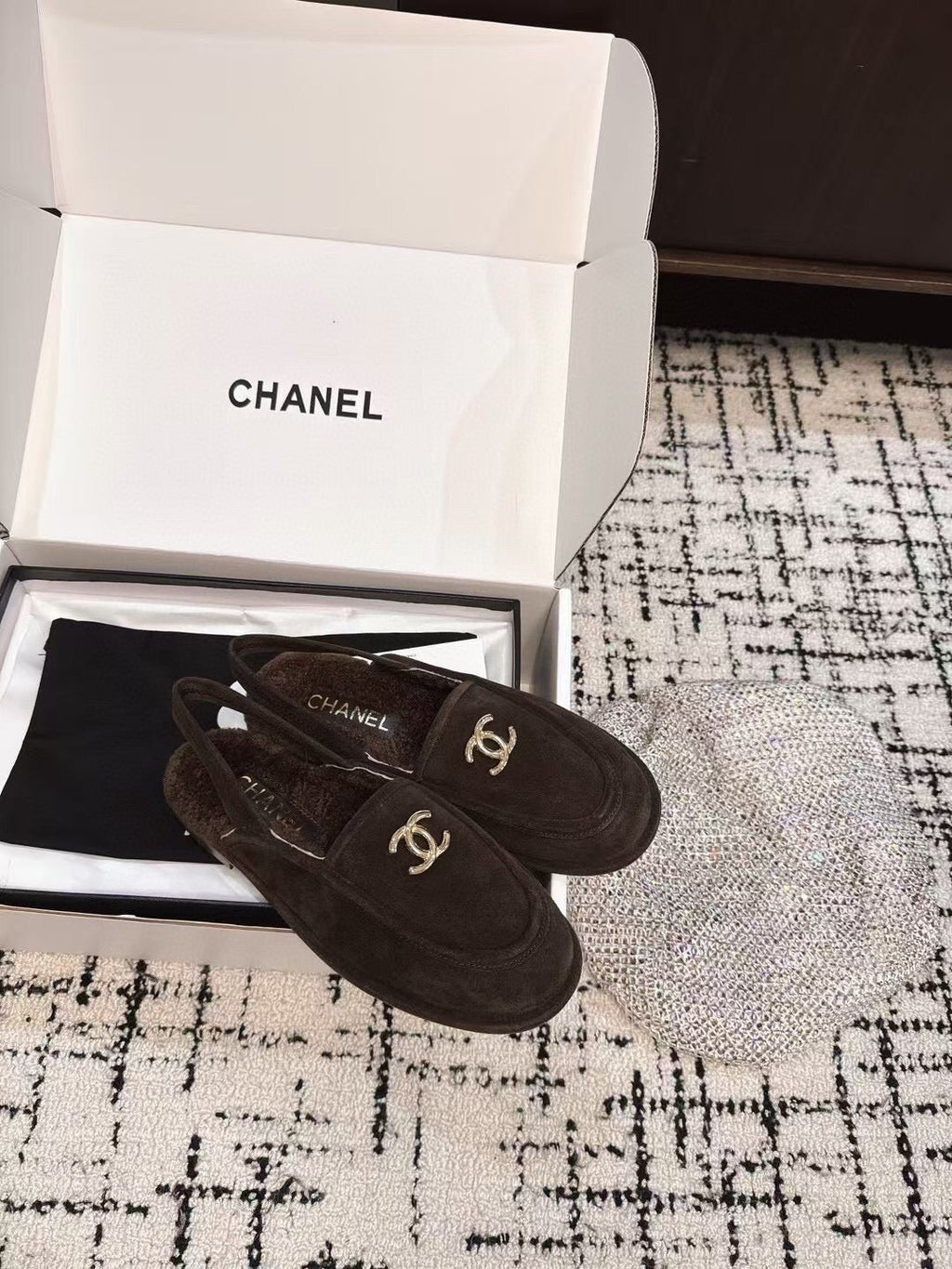 CHANEL SLINGBACK LOAFER IN BROWN SUEDE AND SHEARLING