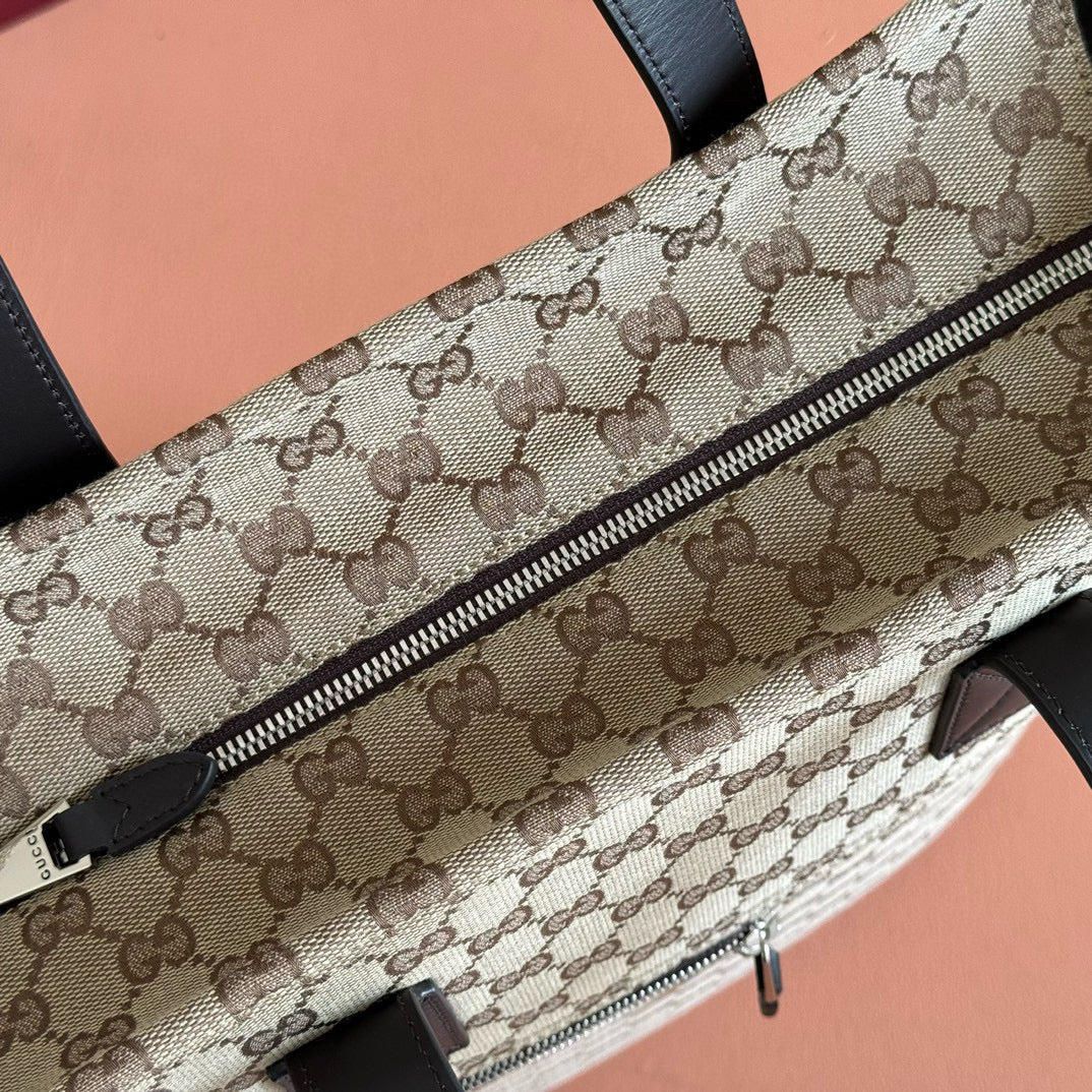 GUCCI OPHIDIA FRONT ZIP POCKET TOTE BAG 36 IN BEIGE AND BROWN CANVAS