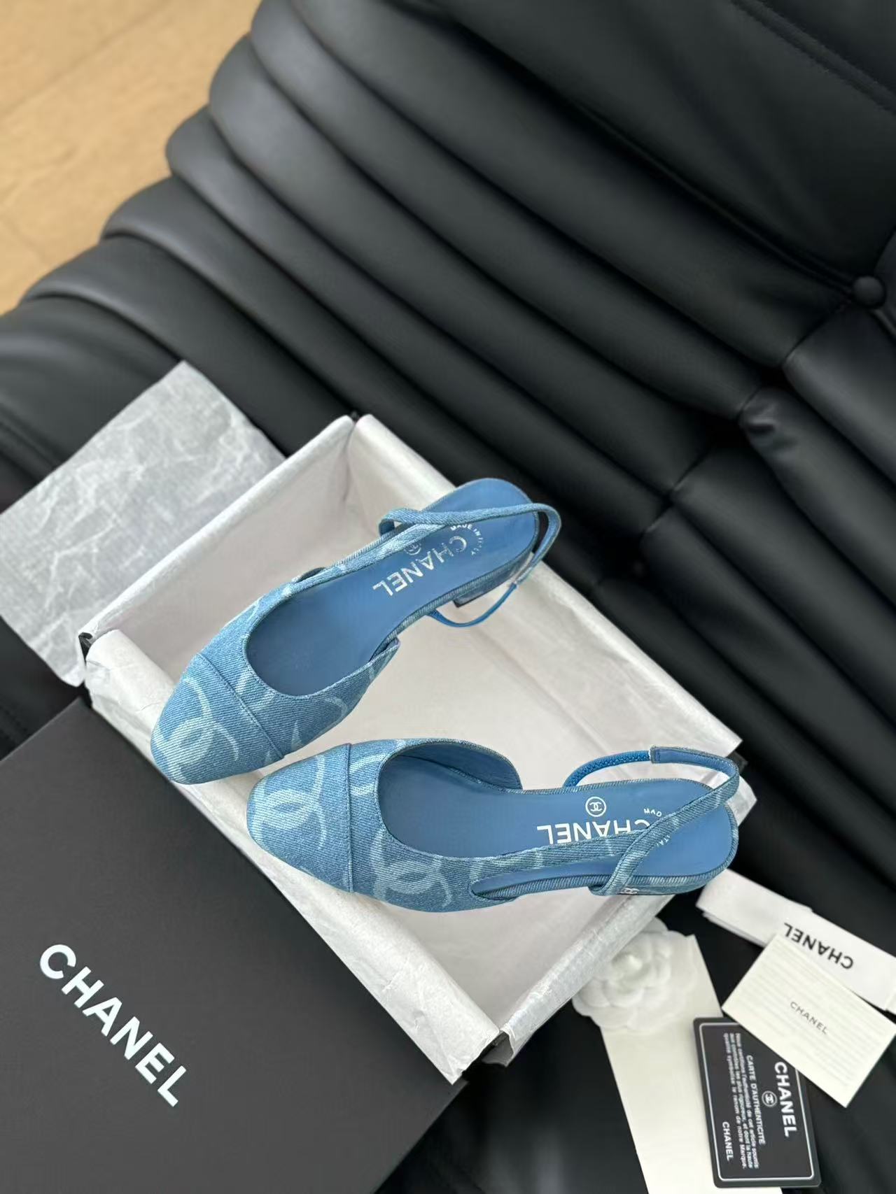 CHANEL FLAT SLINGBACK IN LIGHT BLUE DENIM