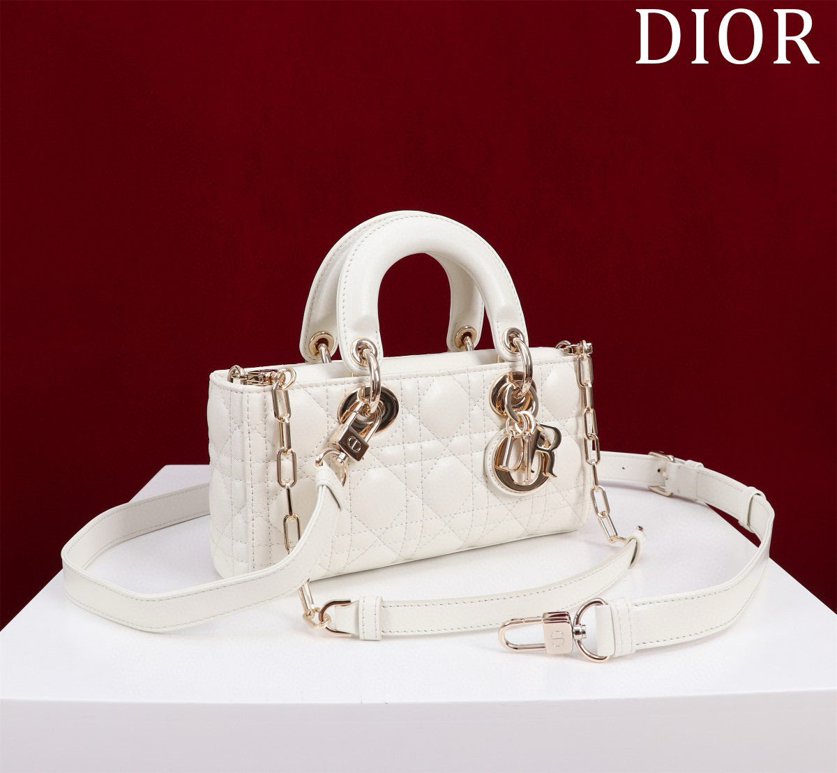 DIOR SMALL LADY D-JOY 22 WHITE LAMBSKIN GOLD HARDWARE