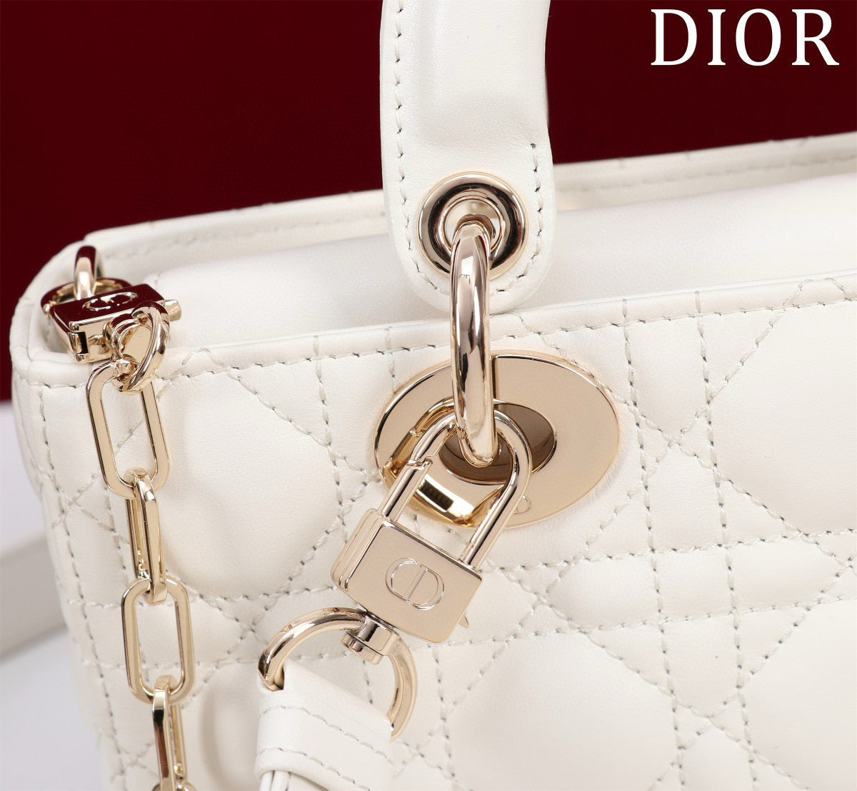 DIOR SMALL LADY D-JOY 22 WHITE LAMBSKIN GOLD HARDWARE