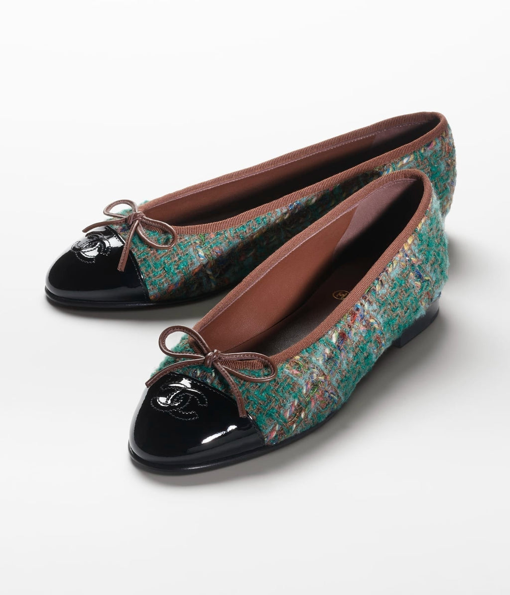 CHANEL BALLET FLATS DARK GREEN BROWN TWEED