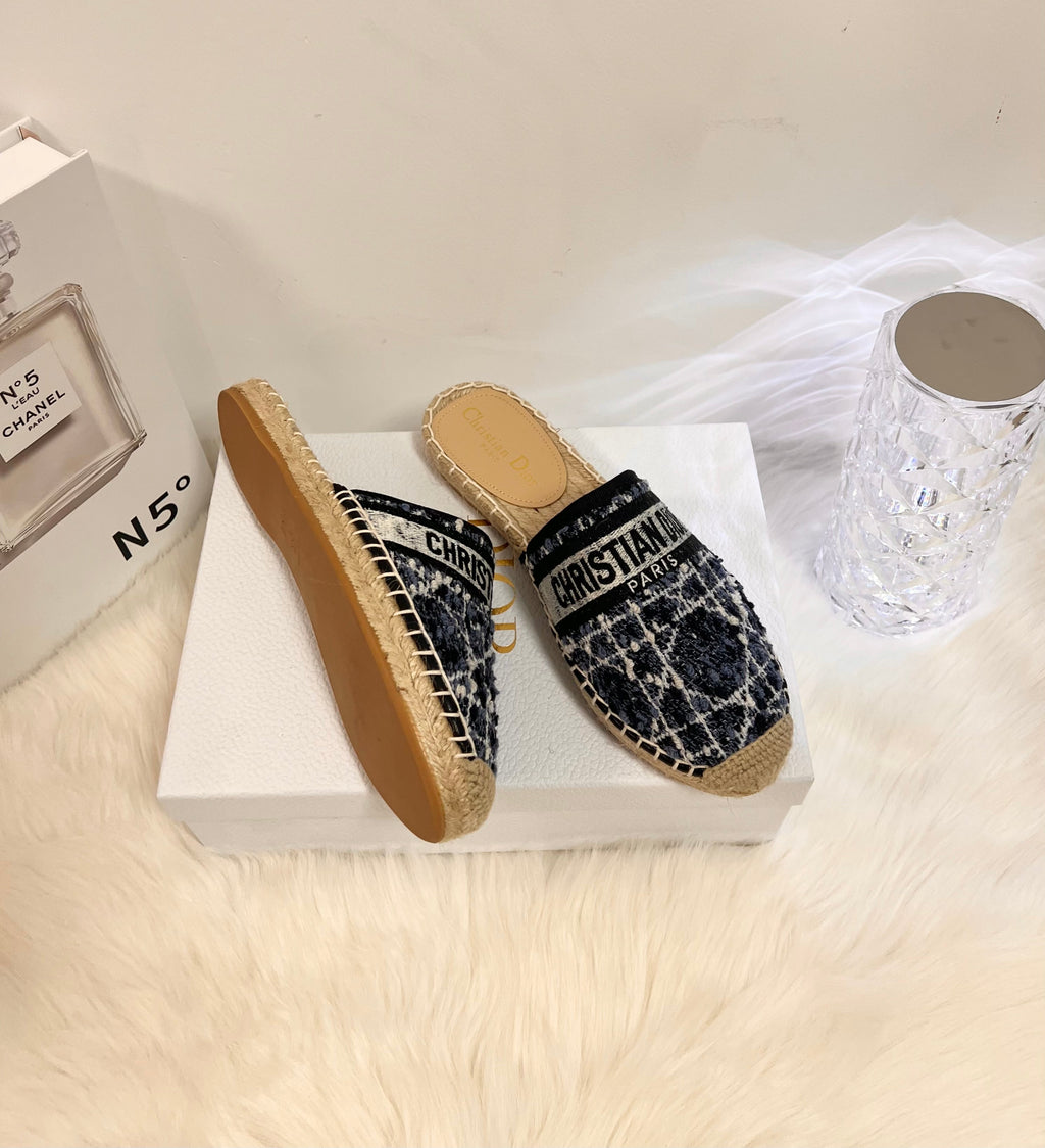 DIOR GRANVILLE ESPADRILLE NAVY BLUIE OBLIQUE EMBROIDERED COTTON MULE