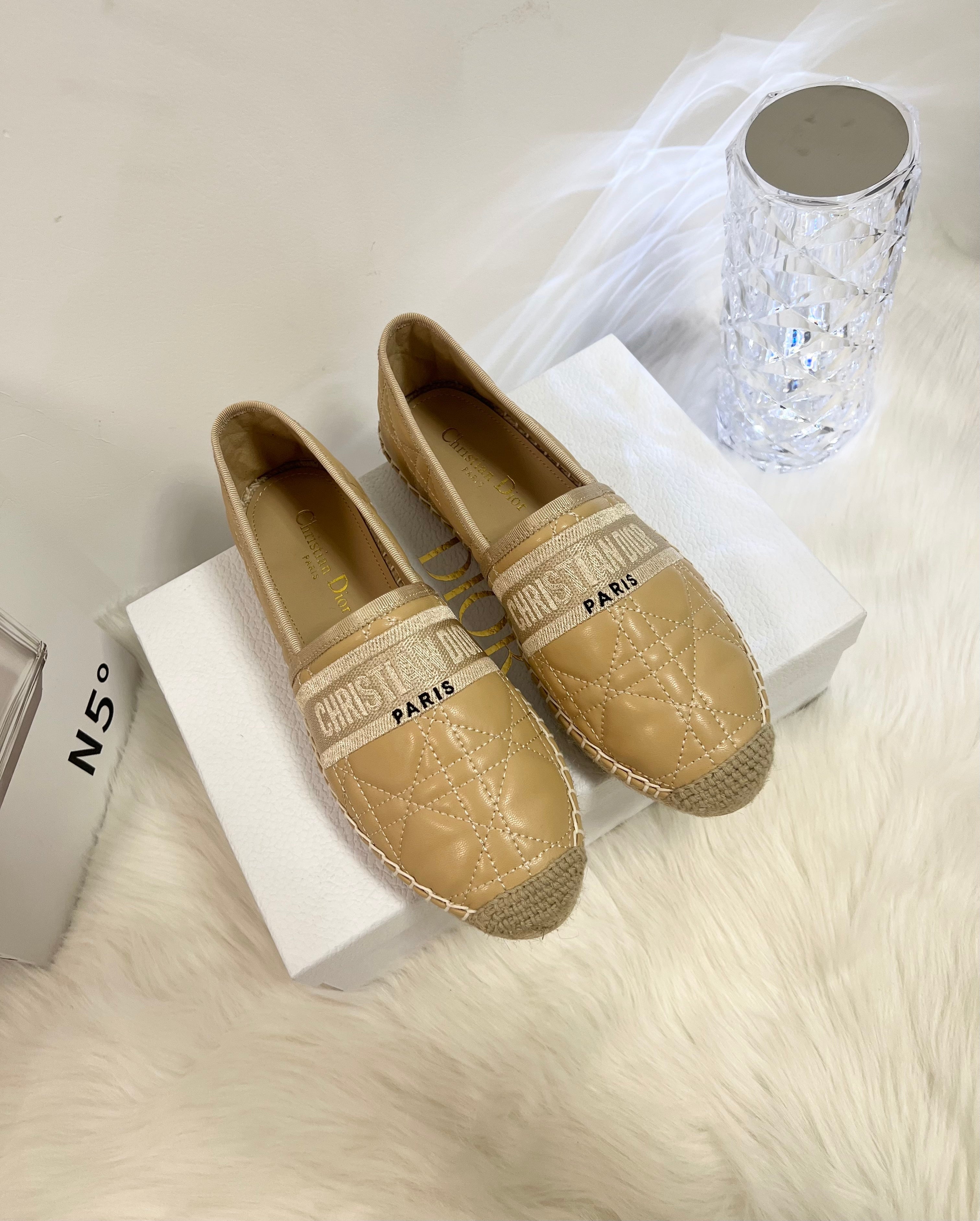 DIOR GRANVILLE ESPADRILLE CAMEL BEIGE QUILTED CANNAGE CALFSKIN