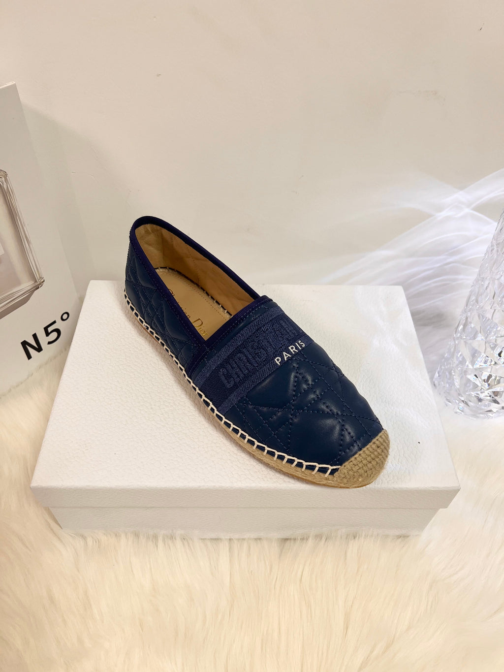 DIOR GRANVILLE ESPADRILLE NAVY BLUE QUILTED CANNAGE CALFSKIN
