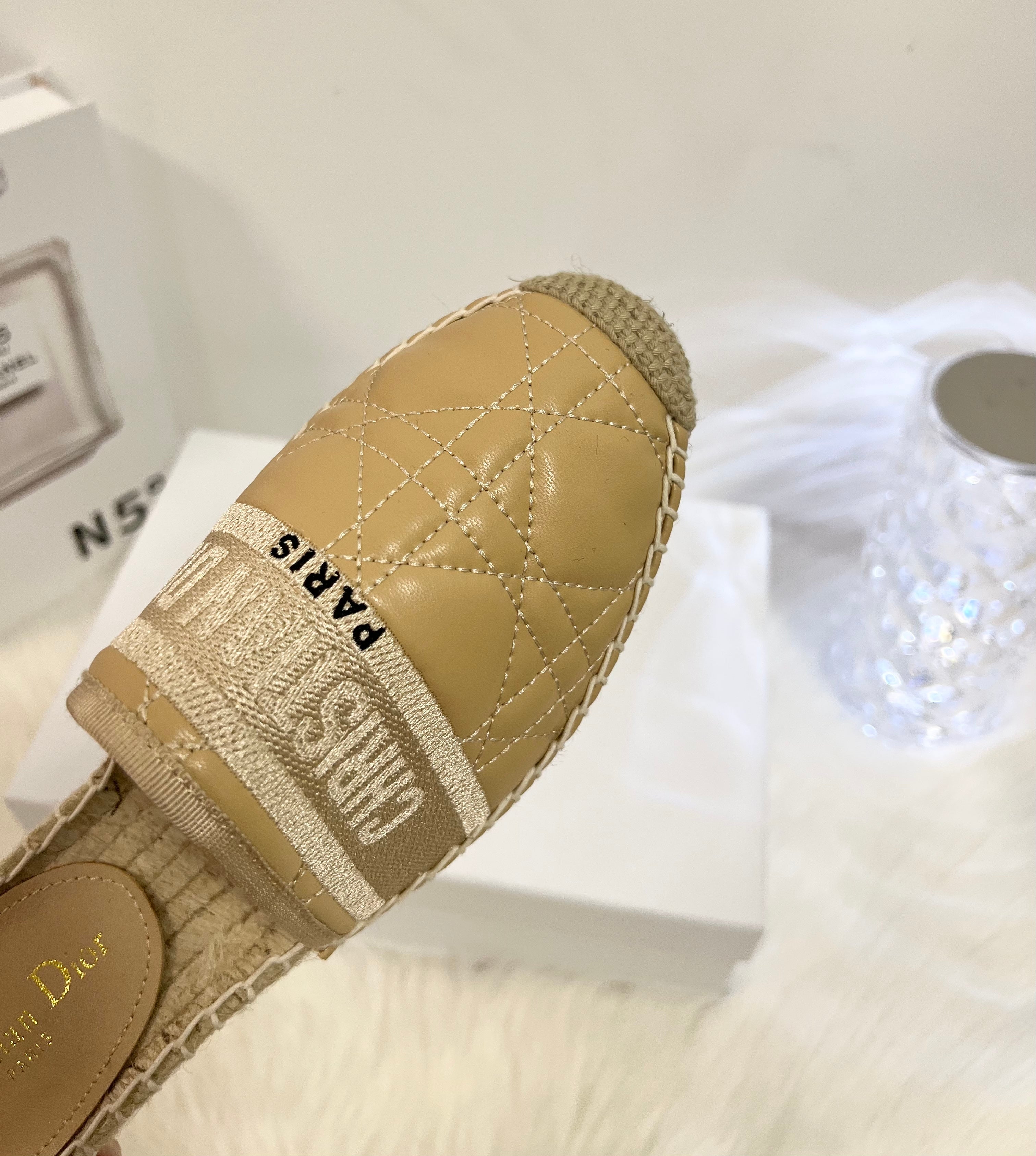 DIOR GRANVILLE ESPADRILLE MULE CAMEL BEIGE QUILTED CANNAGE CALFSKIN