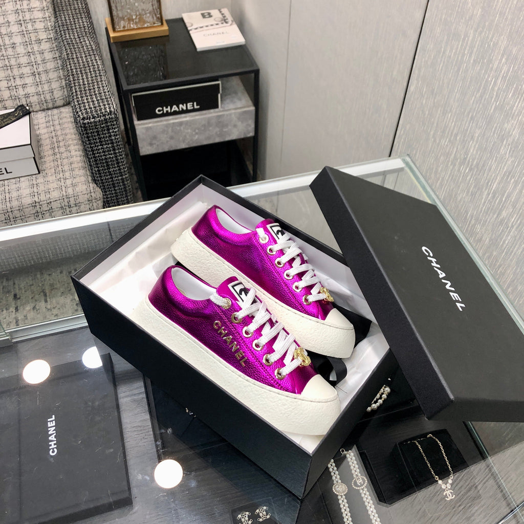 CHANEL CASUAL SNEAKER IN MAGENTA PURPLE METALLIC LAMBSKIN WITH GOLD LOGO