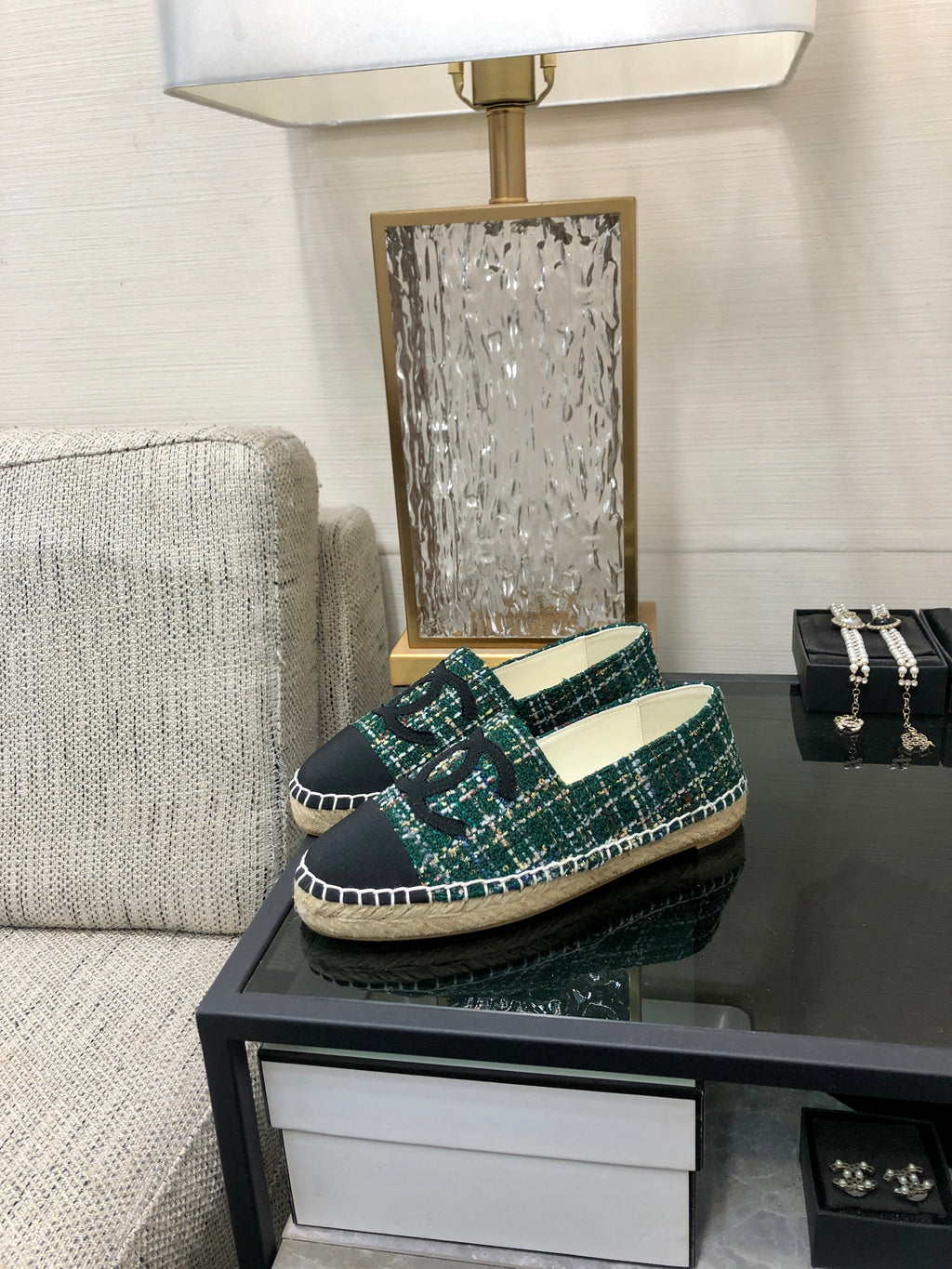 CHANEL ESPADRILLE FOREST GREEN TWEED FABRIC AND BLACK CALFSKIN FLATS