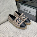 CHANEL ESPADRILLE CAMEL BEIGE TWEED FABRIC AND BLACK CALFSKIN FLATS