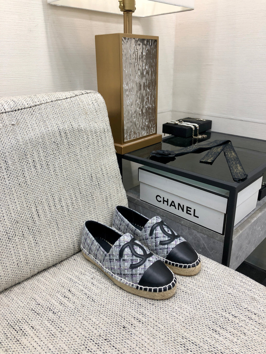 CHANEL ESPADRILLE COLORFUL TWEED FABRIC AND BLACK CALFSKIN FLATS
