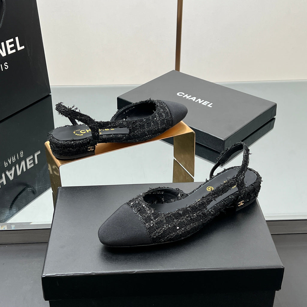 CHANEL SLINGBACK 25S IN BLACK FABRIC AND TWEED SEQUINED