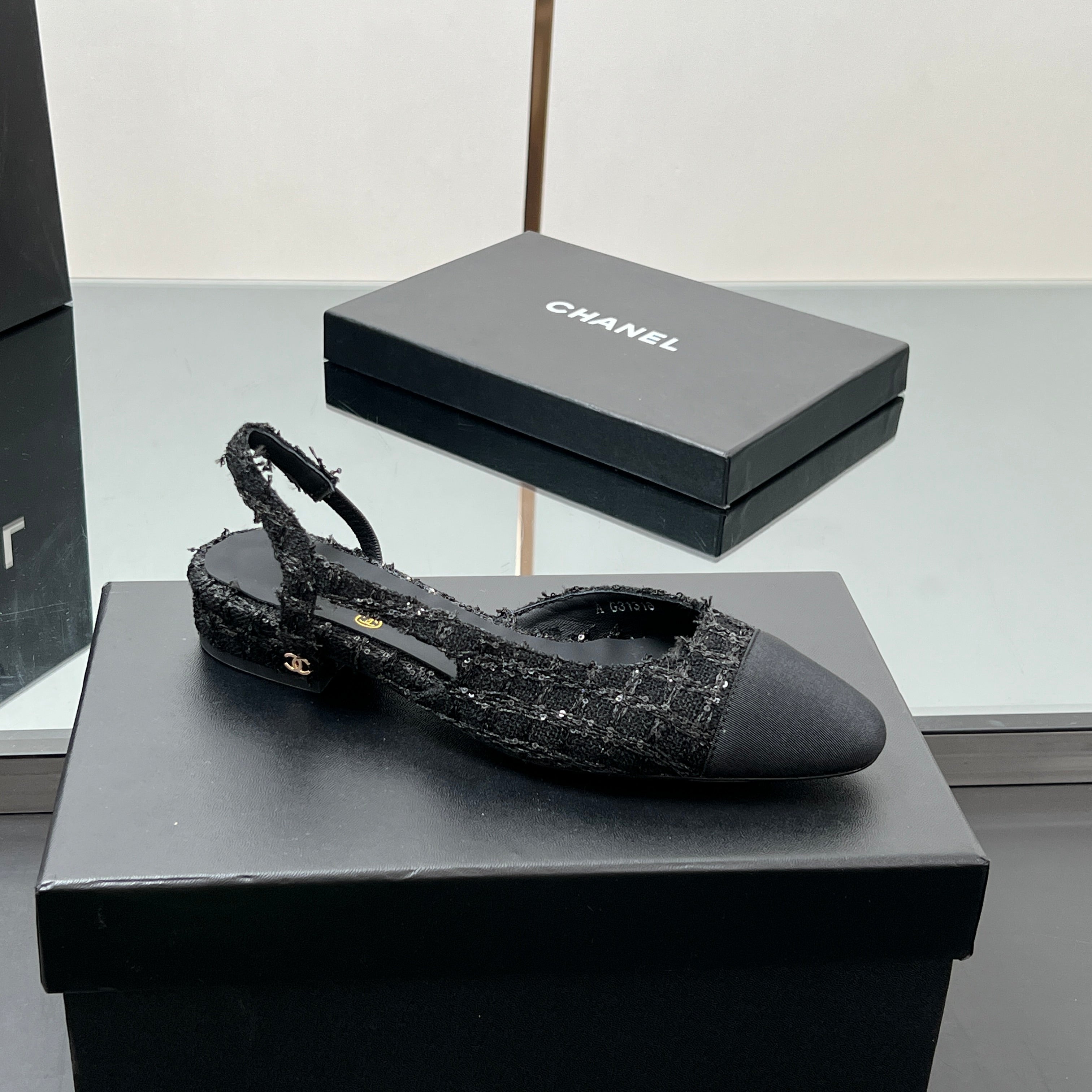 CHANEL SLINGBACK 25S IN BLACK FABRIC AND TWEED SEQUINED
