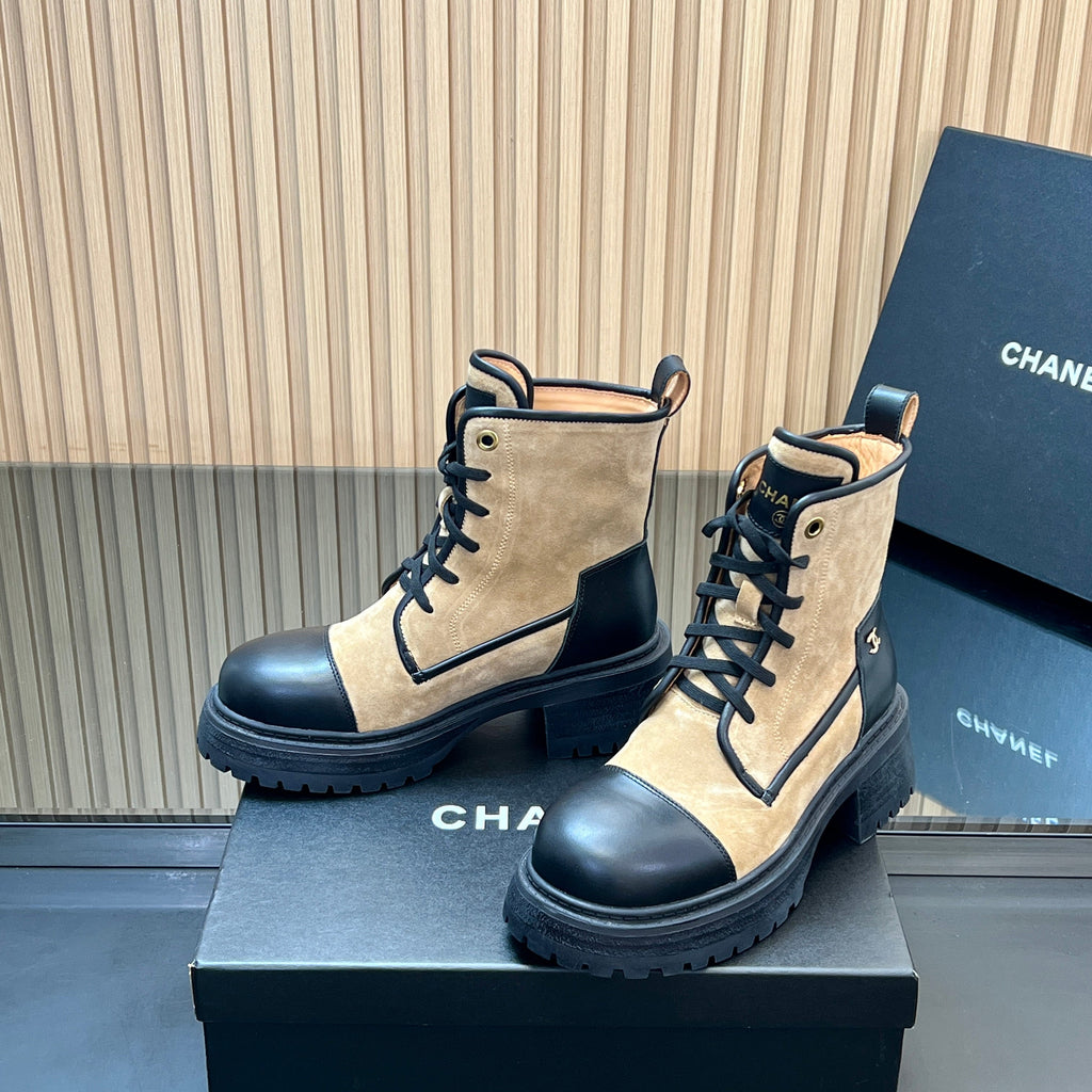 CHANEL 25S LACE-UP ANKLE BOOTS IN BROWN BLACK SUEDE AND CALFSKIN