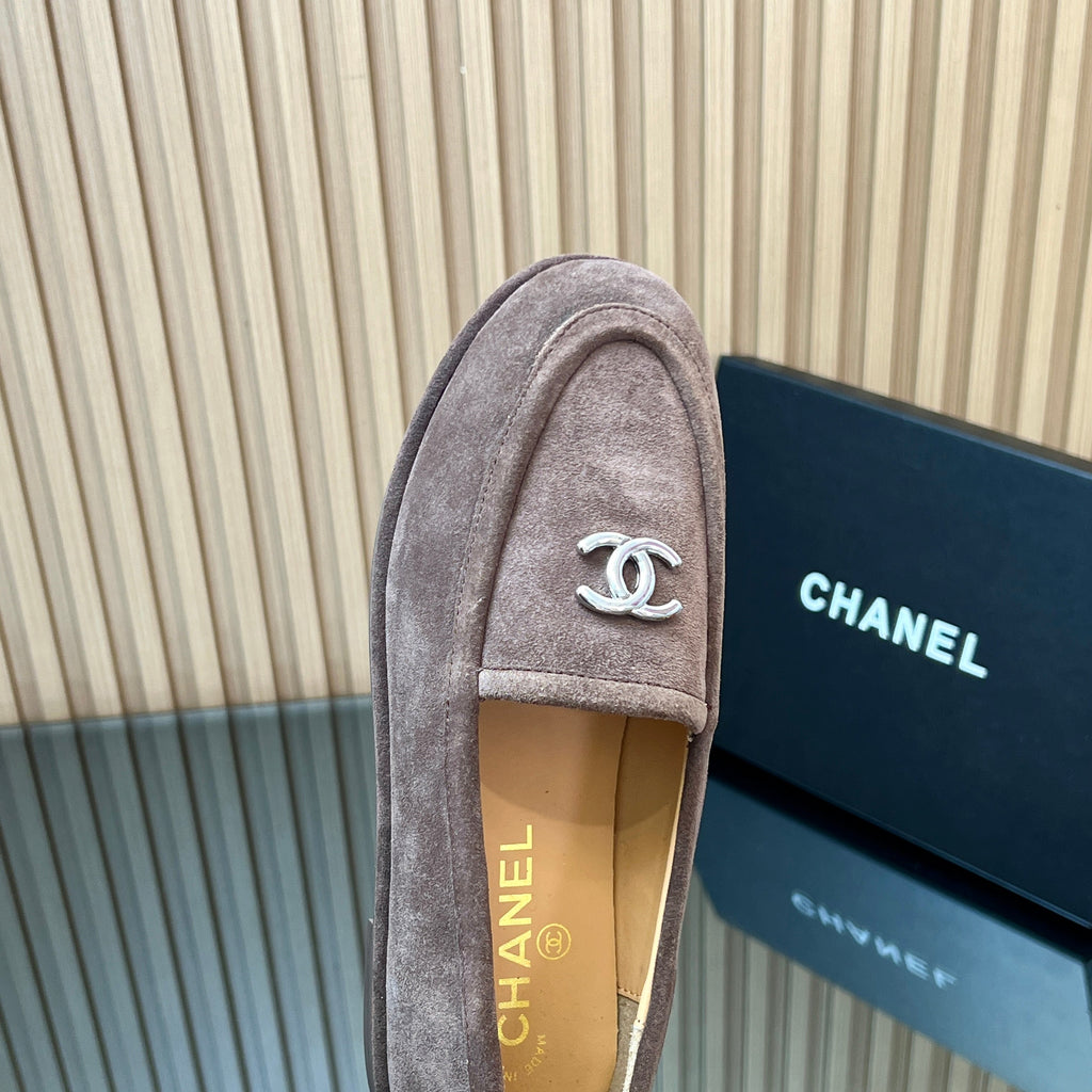 CHANEL 25S TEDDY LOAFER 15MM IN TAUPE GRAY SUEDE SILVER HARDWARE