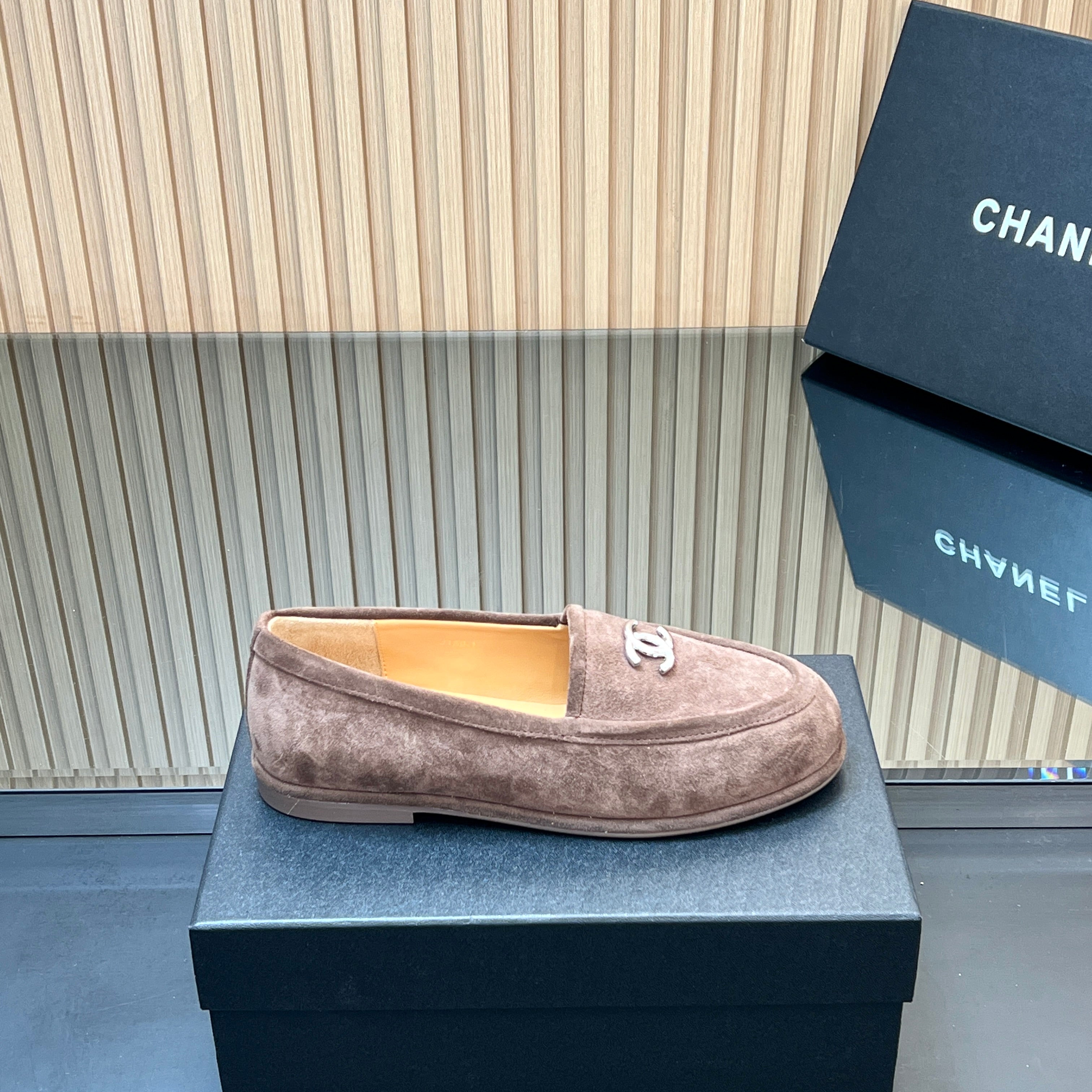CHANEL 25S TEDDY LOAFER 15MM IN TAUPE GRAY SUEDE SILVER HARDWARE
