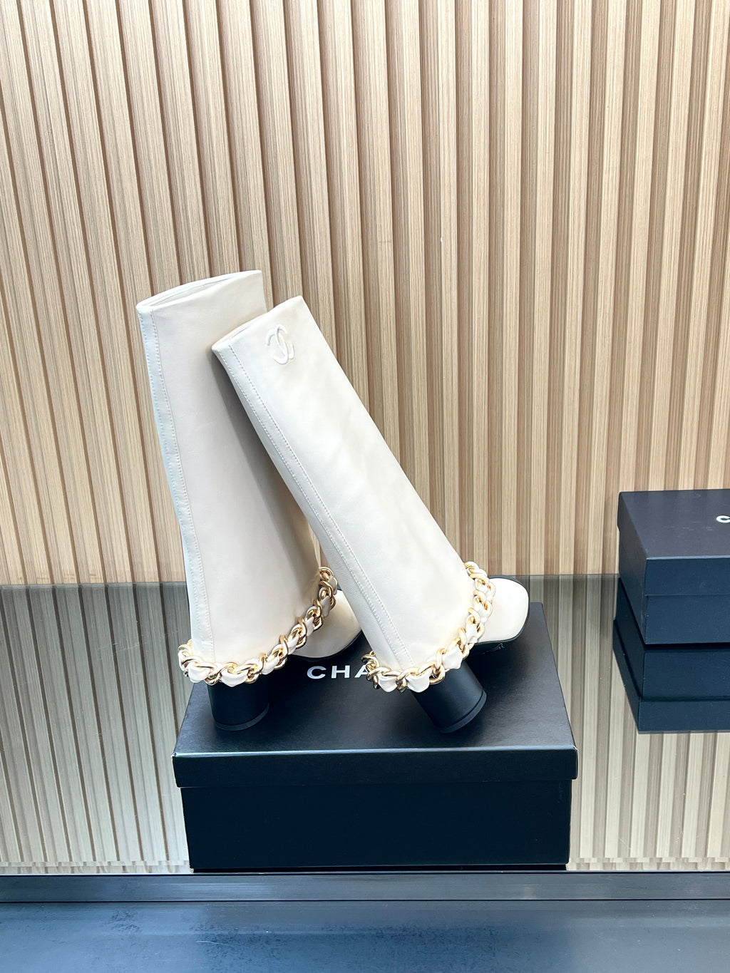 CHANEL 25S HIGH BOOTS 65MM IN WHITE CALFSKIN GOLD HARDWRE