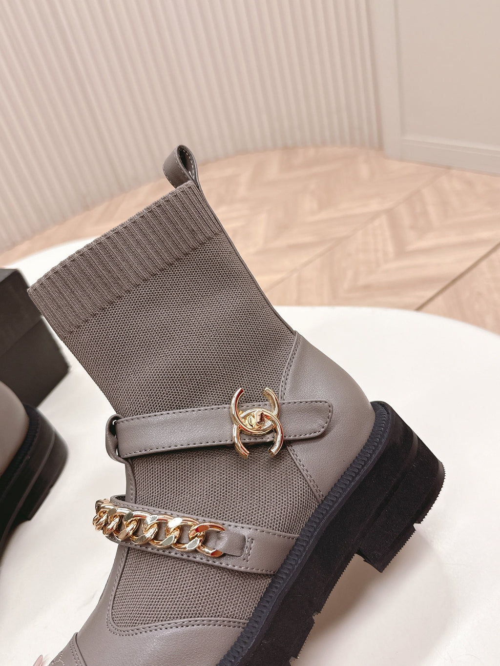 CHANEL ANKLE BOOTS 25S IN SMOKY GRAY LAMBSKIN AND FABRIC WITH GOLD HARDWARE