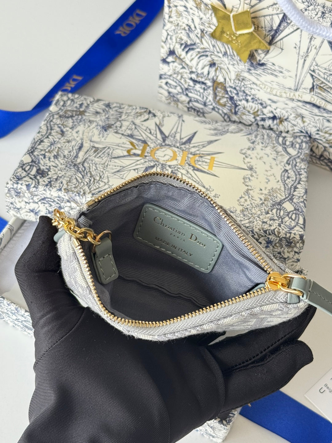 DIOR 25S TRAVEL MYRTE ZIPPED KEY CASE 14 IN GRAY  OBLIQUE JACQUARD CANVAS