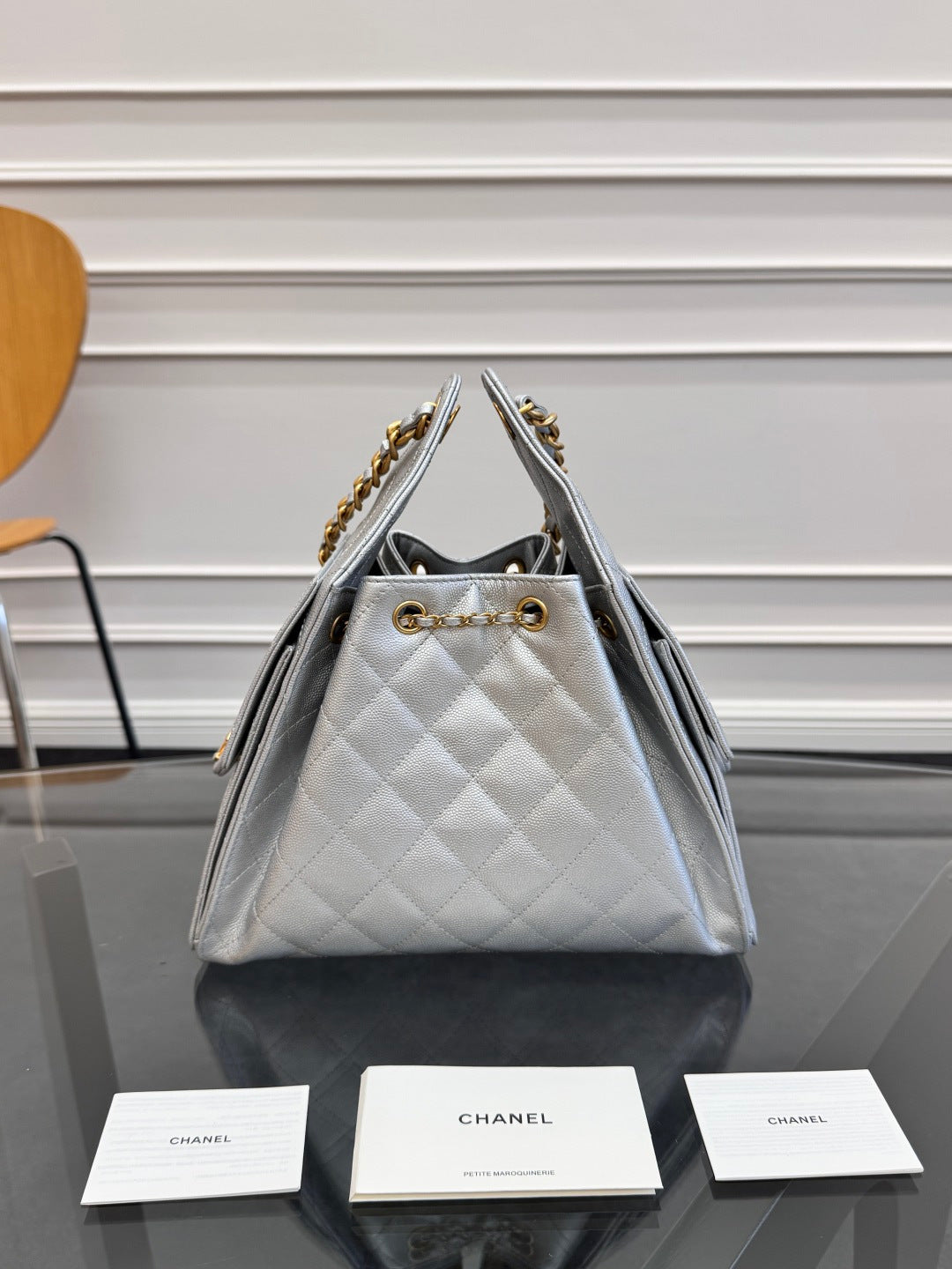 CHANEL 25S HOBO BAG 30 IN SILVER CAVIAR WITH GOLD HARDWARE