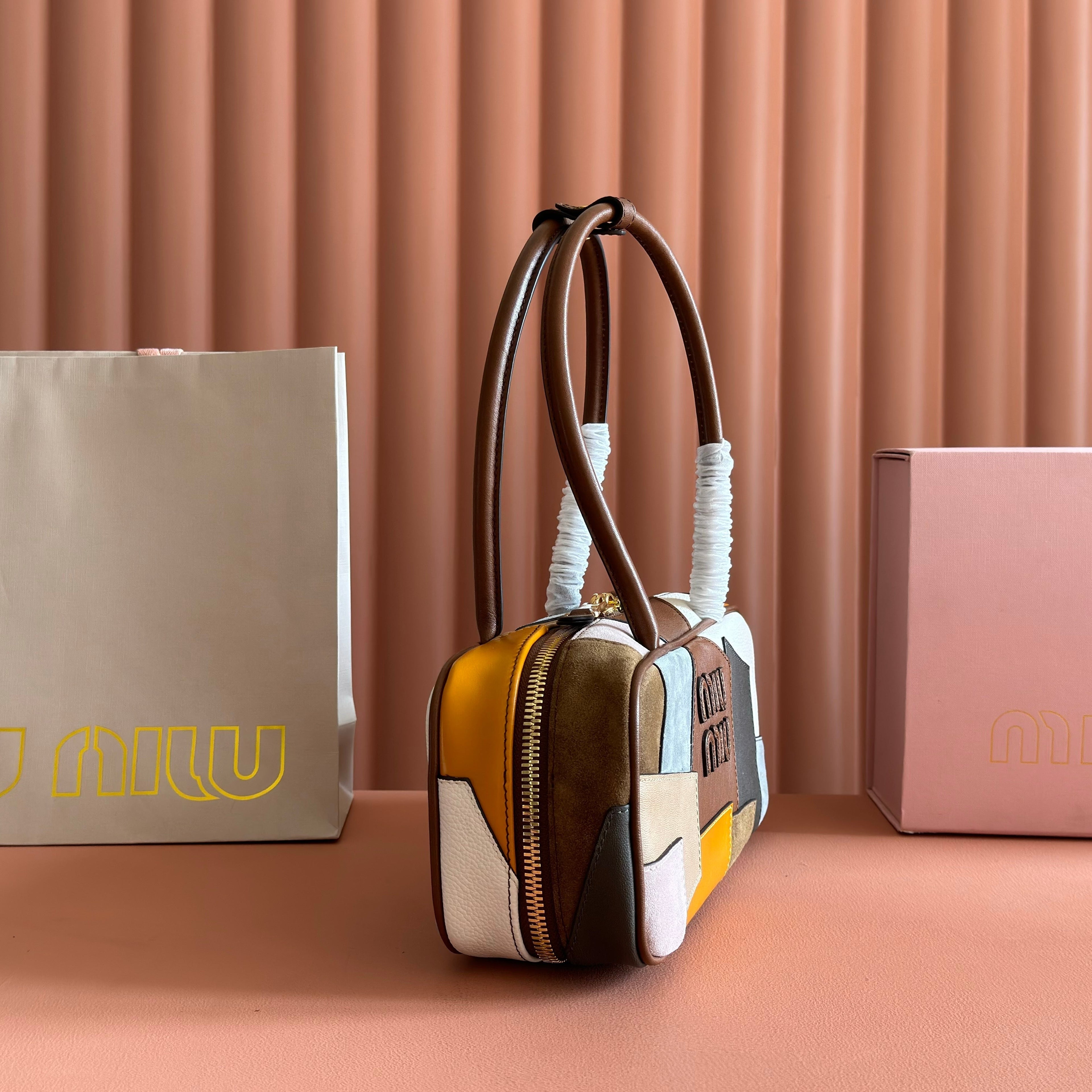 MIUMIU 26S BEAU TOP HANDLE BAG 28 IN COGNAC LEATHER PATCHWORK GOLD HARDWARE