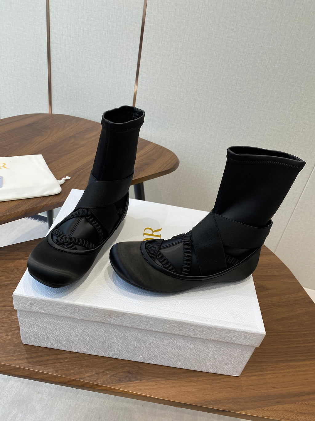 DIOR 25S STRETCH BALLET BOOTS IN BLACK FULL SATIN