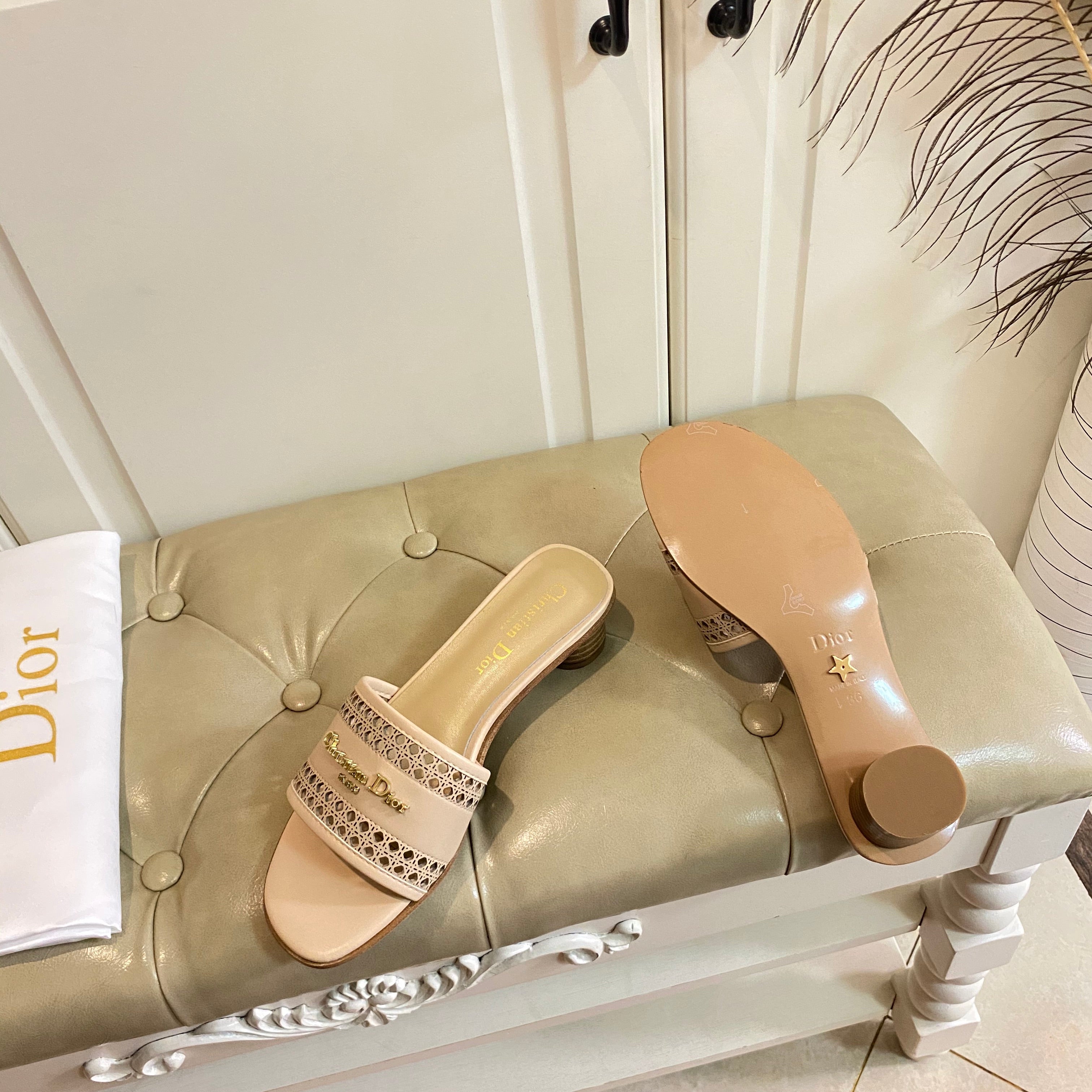 DIOR DWAY HEELED SLIDE IN CAMEL BEIGE CALFSKIN WITH GOLD LOGO
