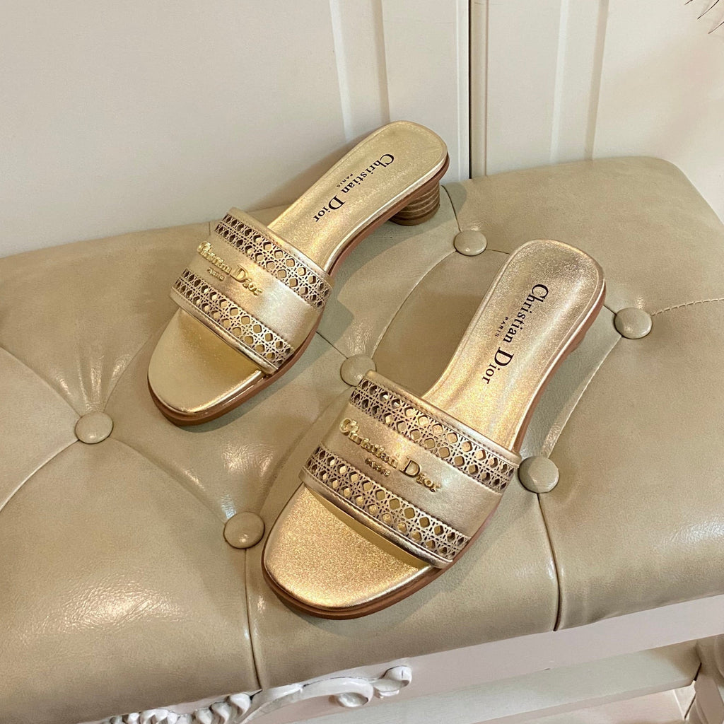 DIOR DWAY HEELED SLIDE IN GOLD CALFSKIN WITH GOLD LOGO