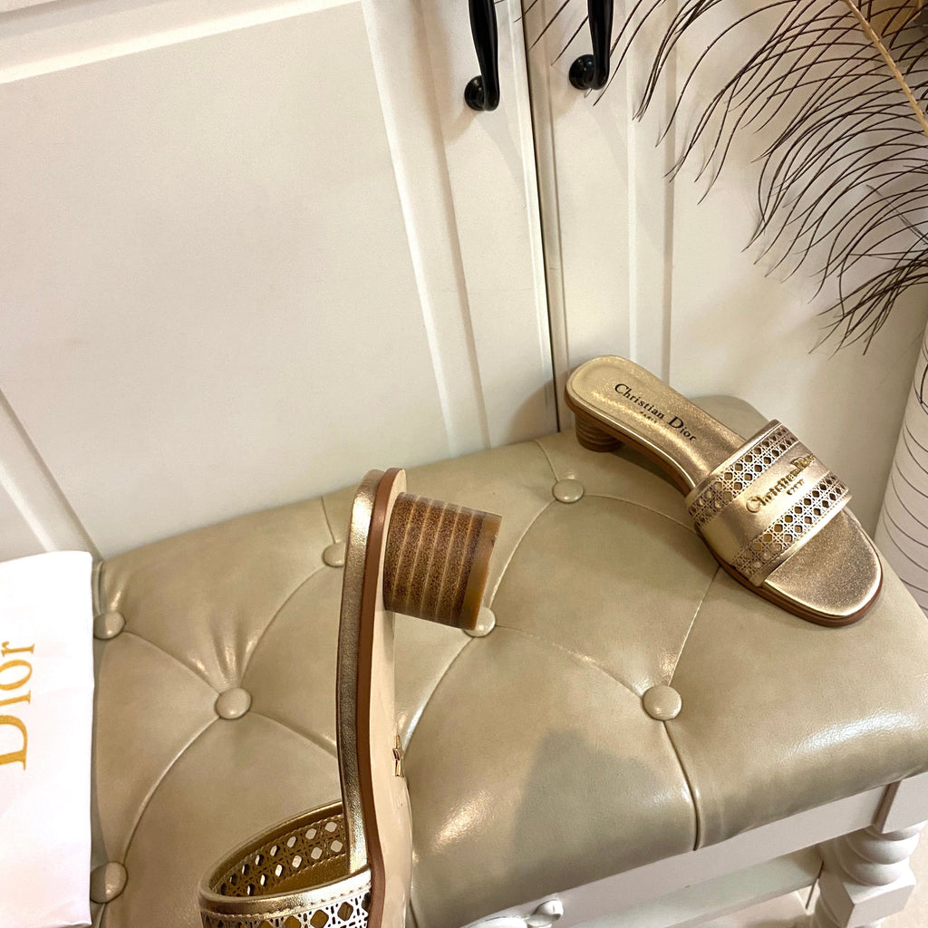 DIOR DWAY HEELED SLIDE IN GOLD CALFSKIN WITH GOLD LOGO