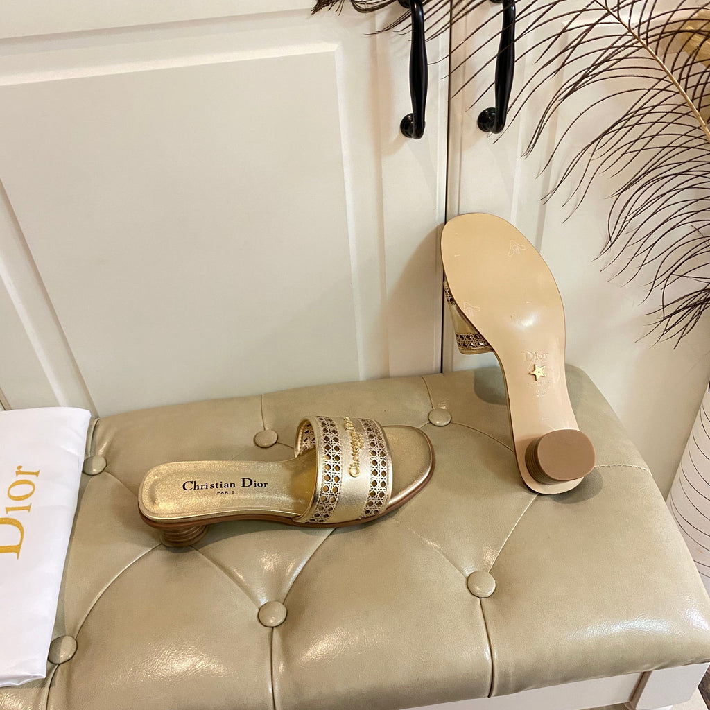 DIOR DWAY HEELED SLIDE IN GOLD CALFSKIN WITH GOLD LOGO