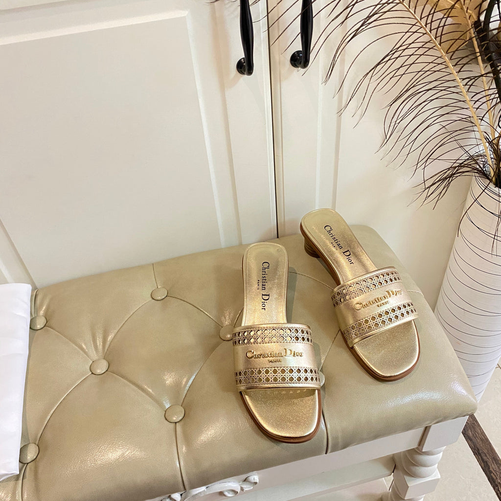 DIOR DWAY HEELED SLIDE IN GOLD CALFSKIN WITH GOLD LOGO