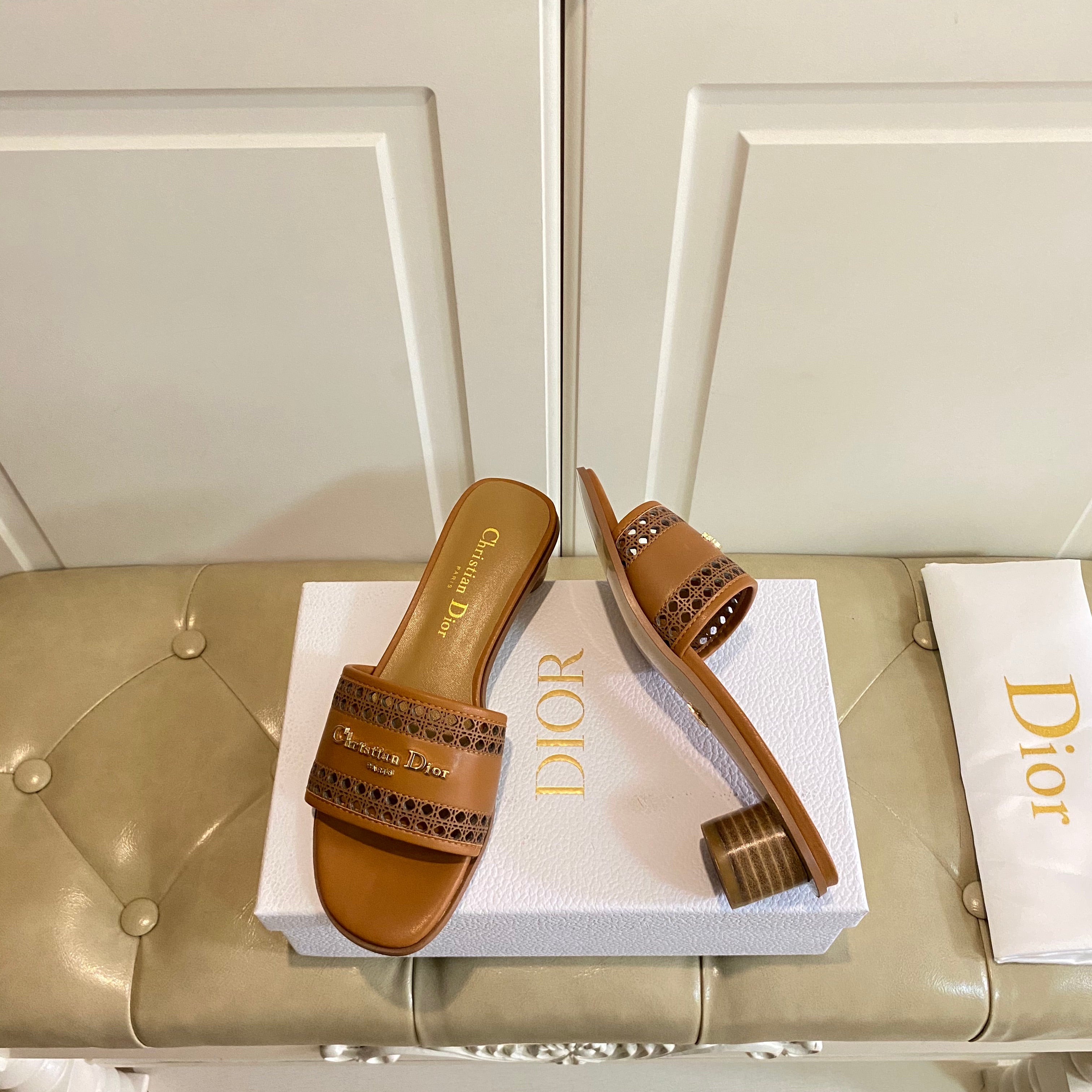 DIOR DWAY HEELED SLIDE IN BRONZE BROWN CALFSKIN WITH GOLD LOGO