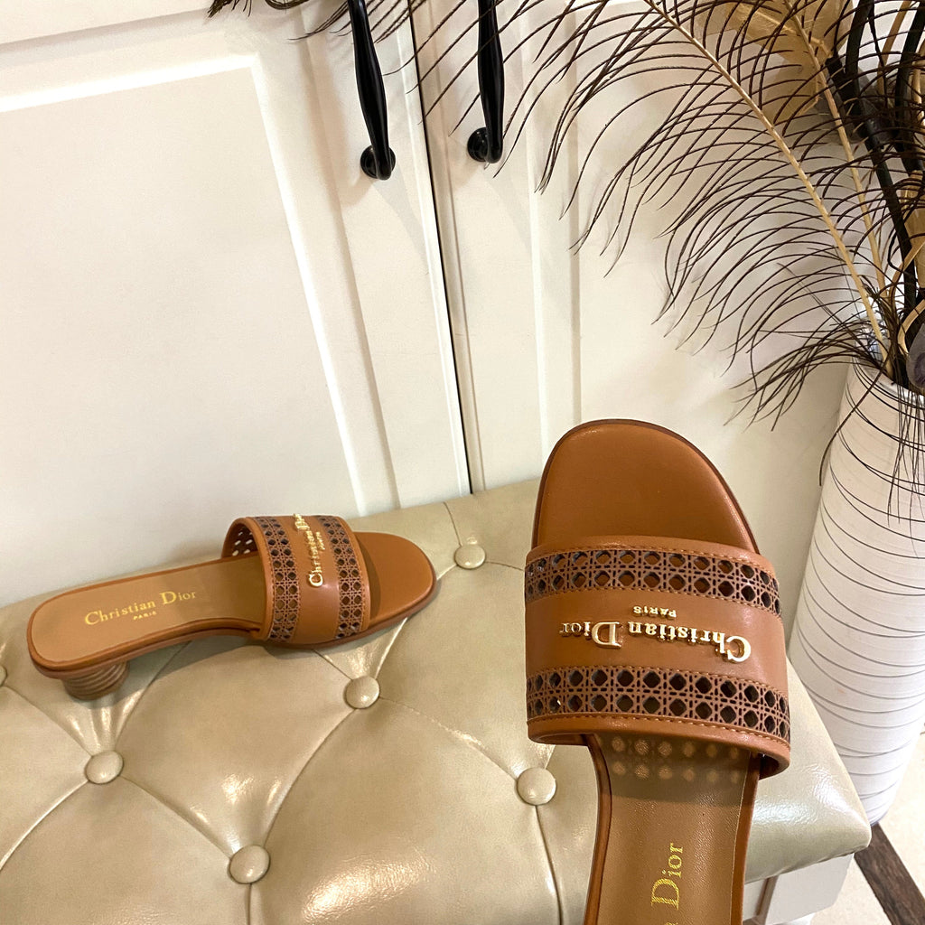 DIOR DWAY HEELED SLIDE IN BRONZE BROWN CALFSKIN WITH GOLD LOGO