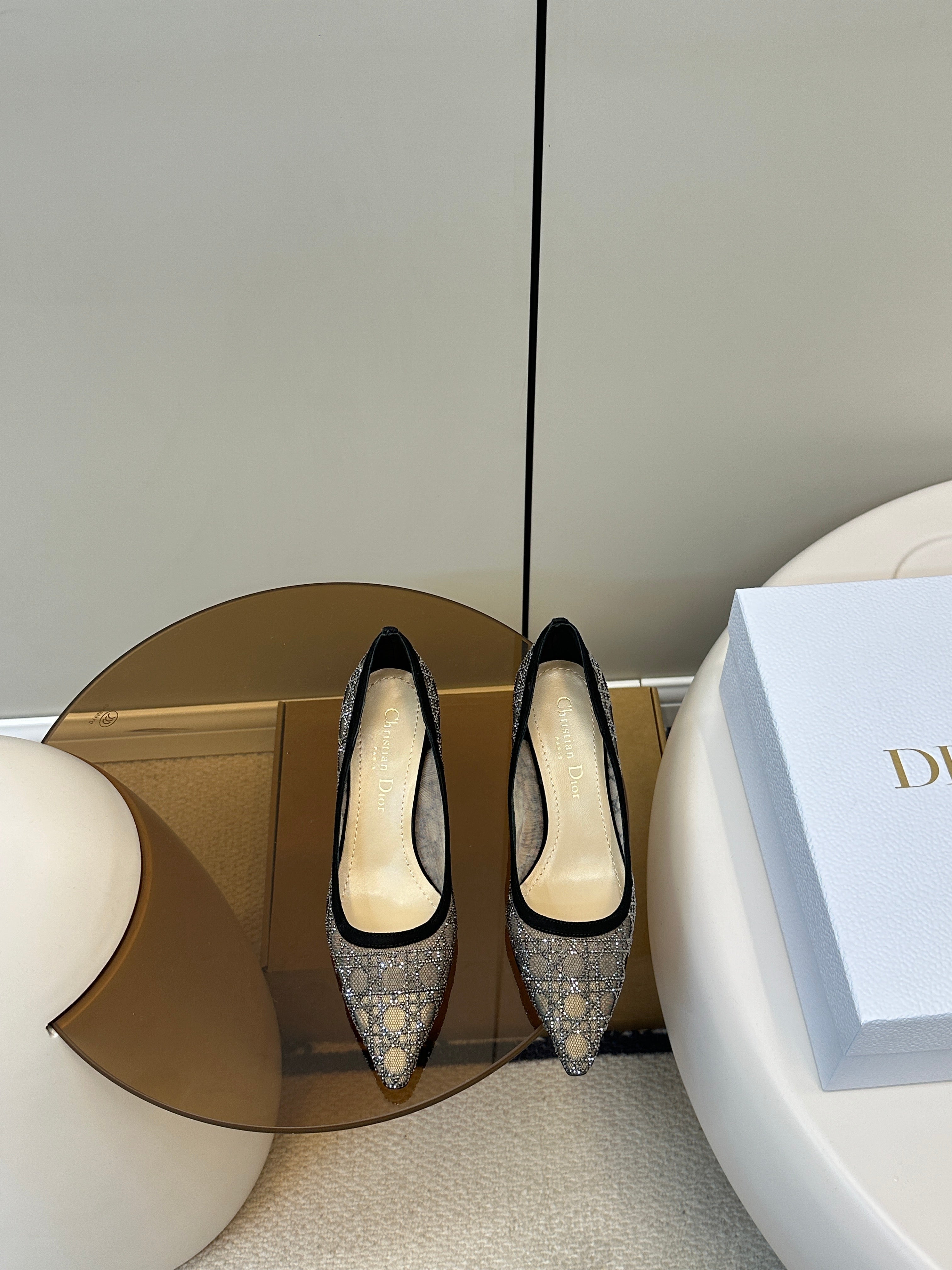 DIOR POINTED TOE HEELS 55MM IN BLACK MESH WITH RHINESTONES
