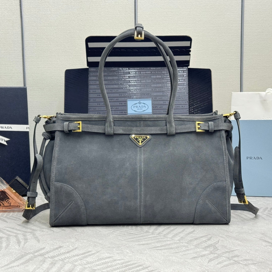 PRADA 25S BONNIE LARGE HANDBAG 38 IN RK GRAY SUEDE GOLD HARDWRE